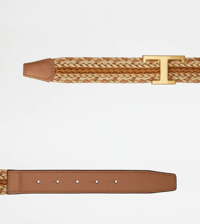 Tod's T TIMELESS BELT IN LEATHER AND FABRIC - BROWN, BEIGE outlook