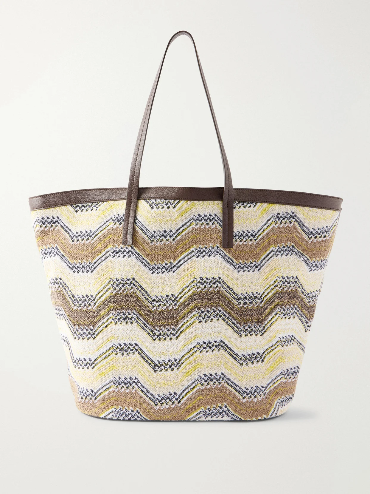 Leather-trimmed Striped Woven Tote - 1