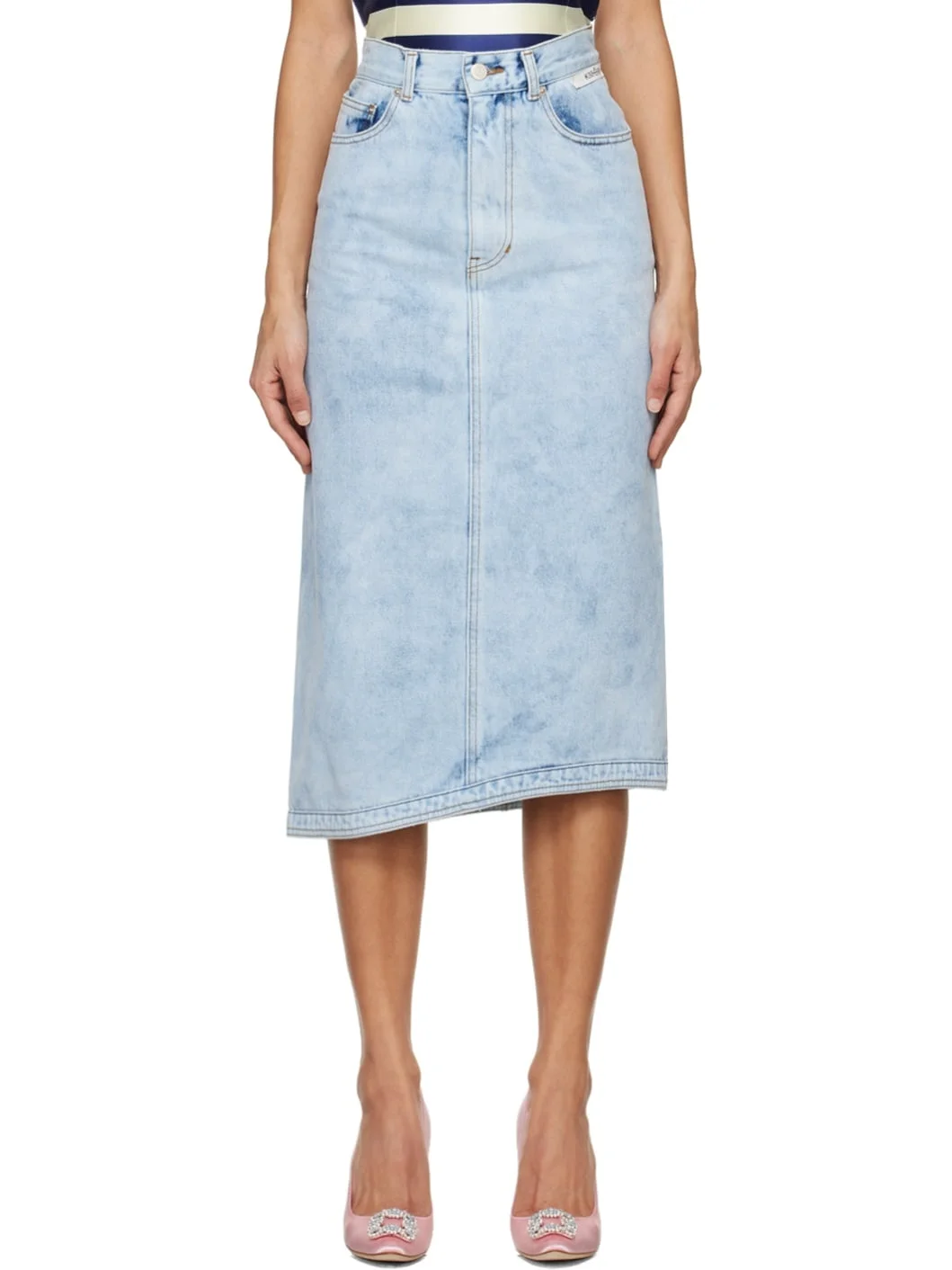 Blue Asymmetric Denim Midi Skirt - 1