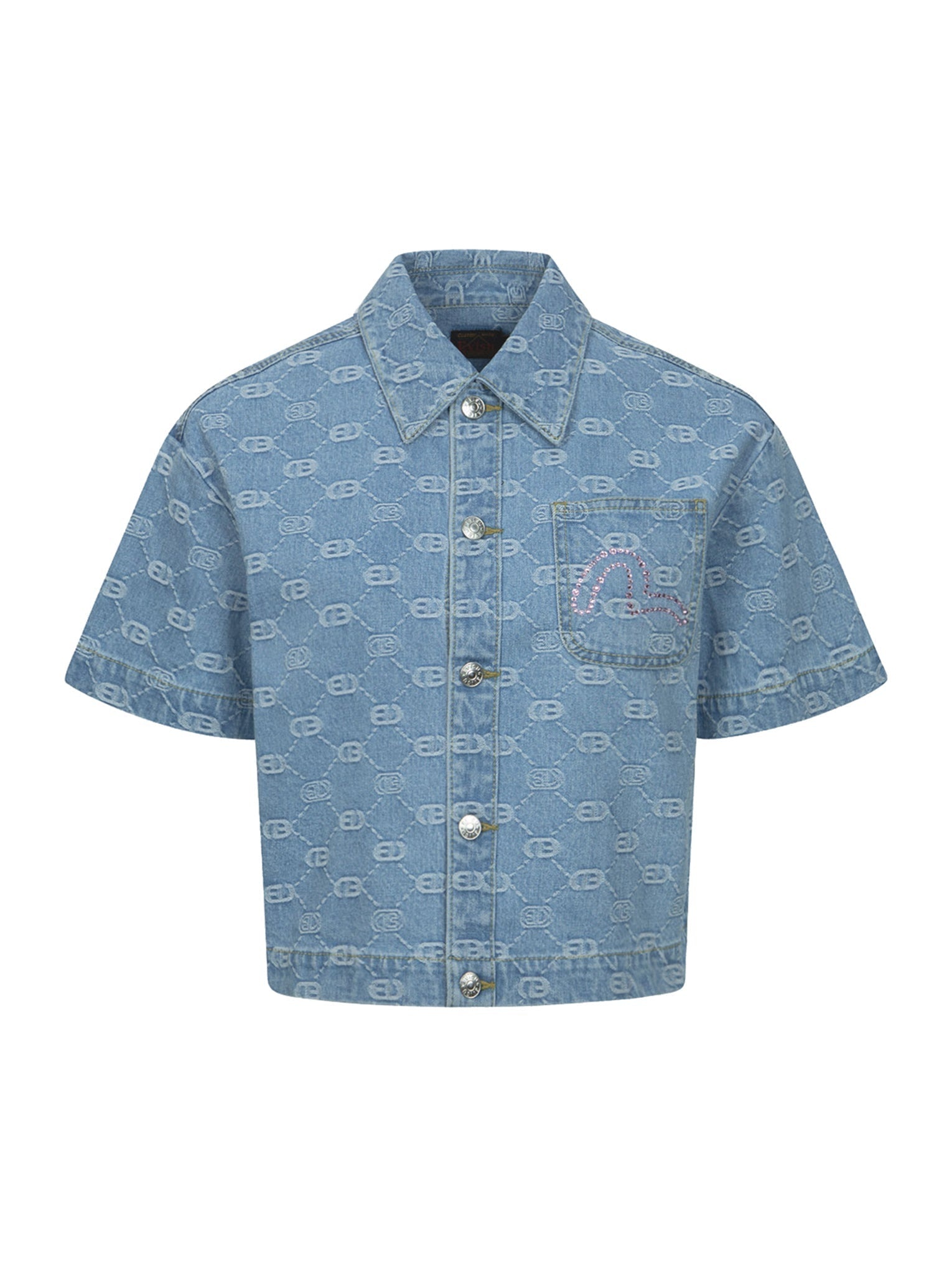 ALLOVER LOGO JACQUARD AND RHINESTONE SEAGULL FASHION FIT DENIM SHIRT - 12