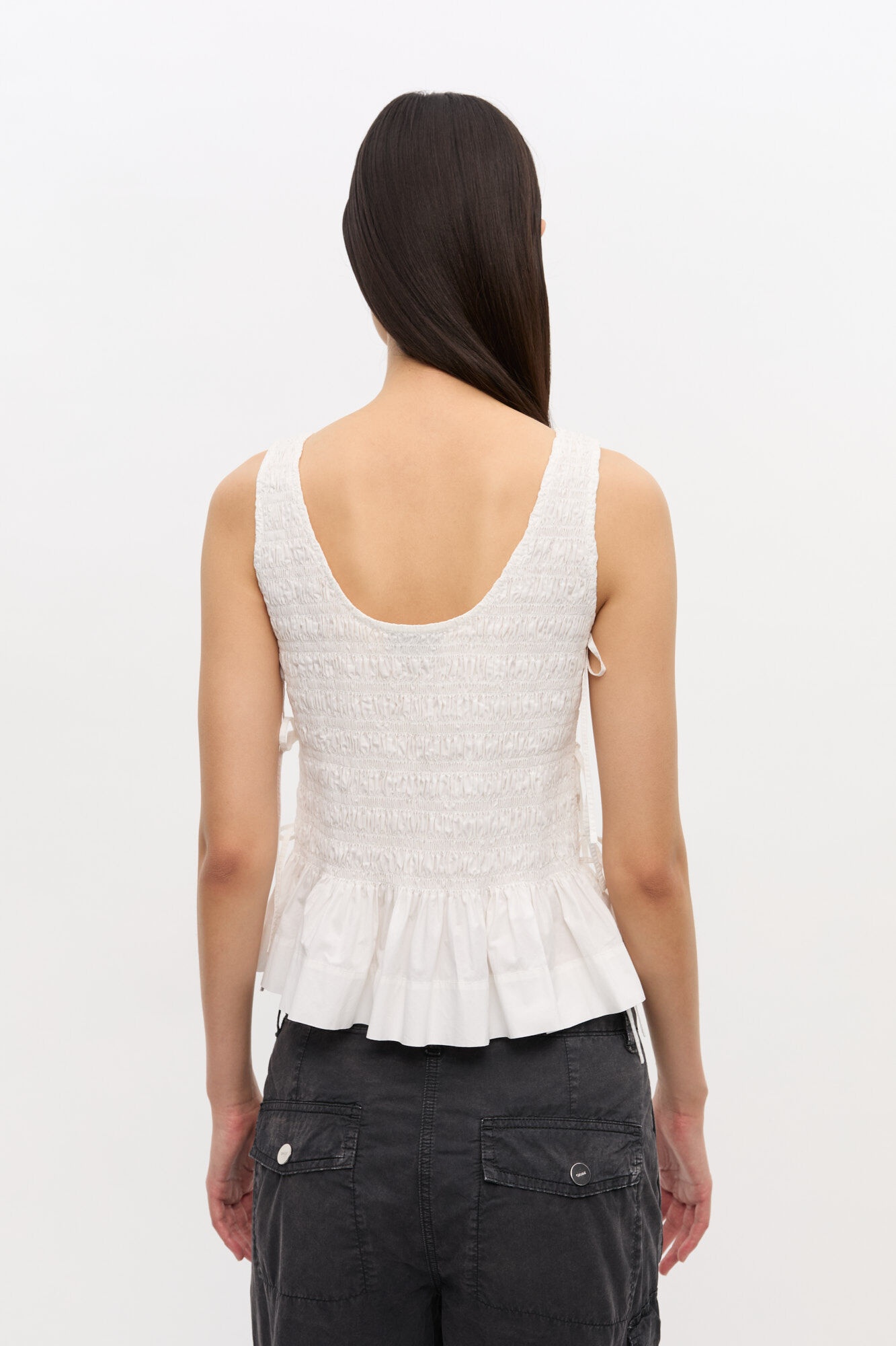 WHITE COTTON SMOCK TIE TOP - 4