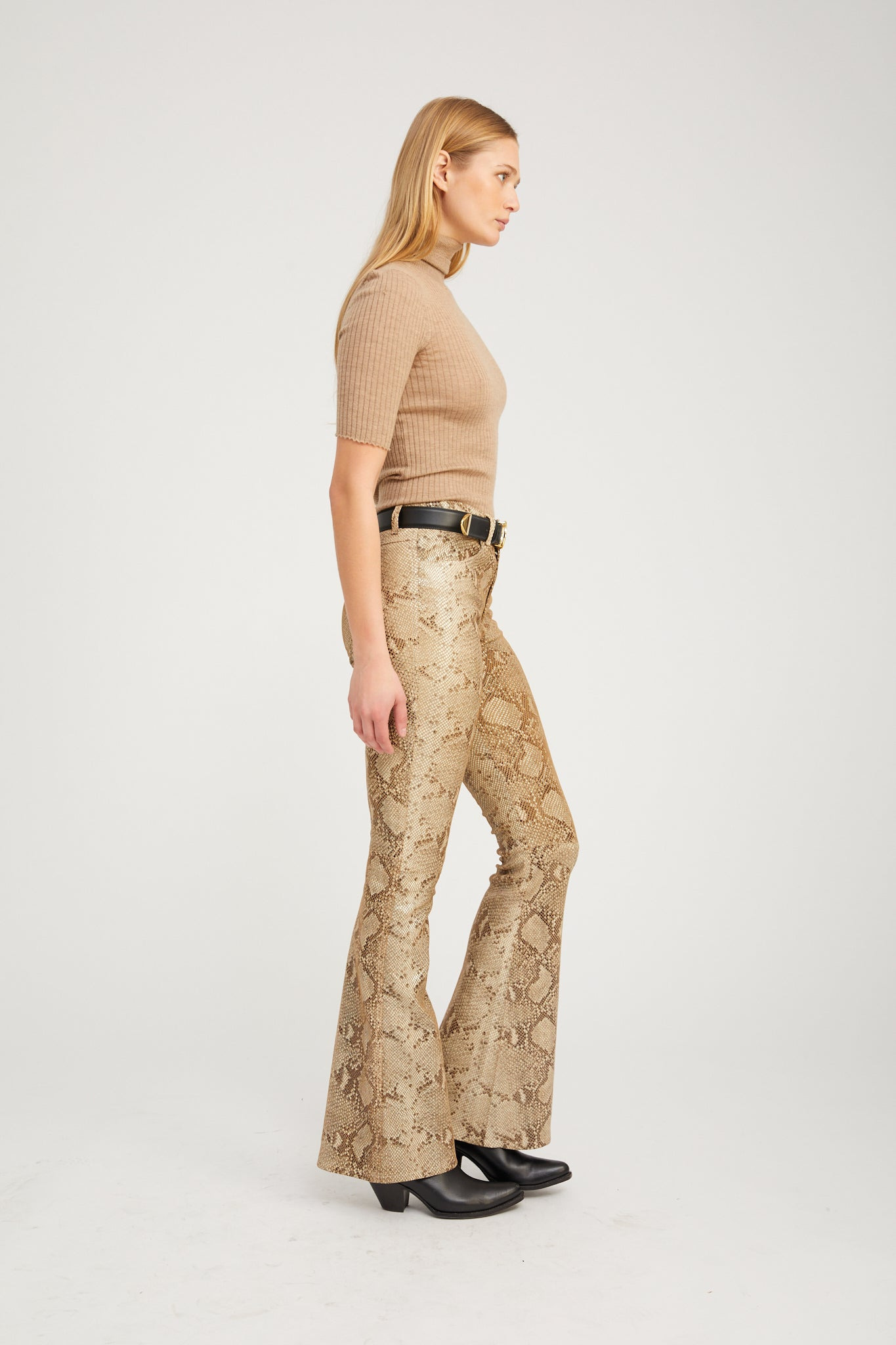 BEIGE PYTHON LEATHER 5 POCKET MICRO FLARE PANTS - 3