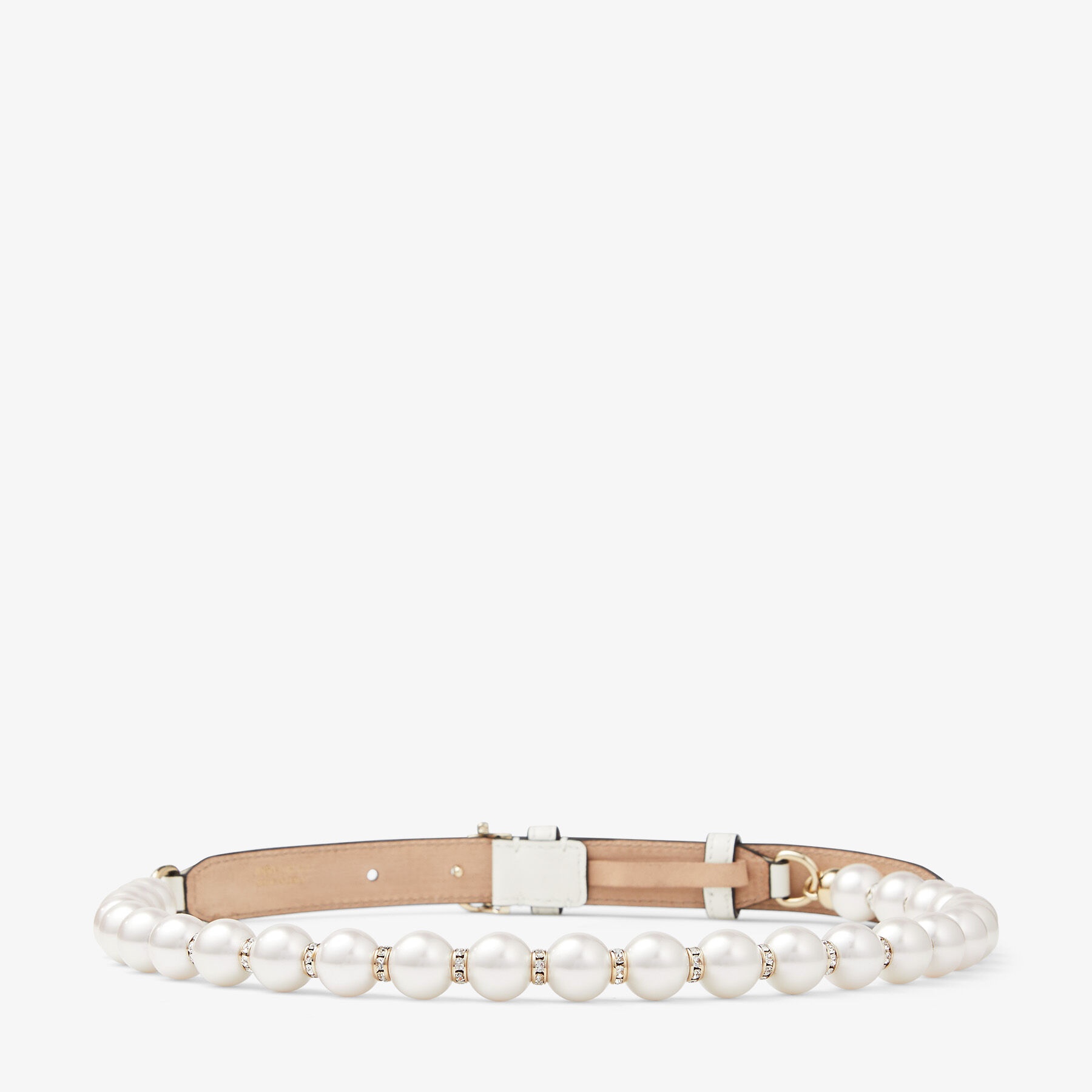 JC Chain
Latte Leather Waist Belt with Pearls and Gold JC Emblem - 3