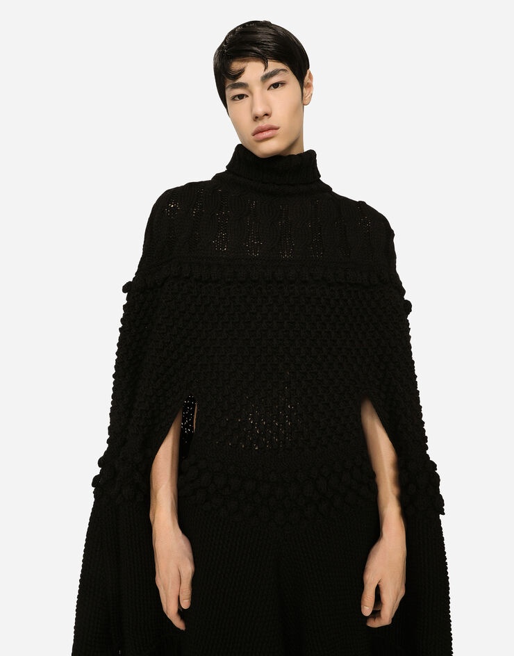 High-necked wool patchwork knit cape - 4