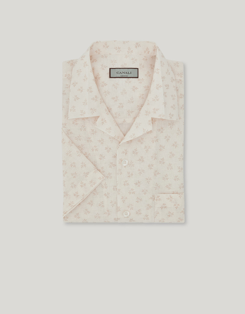 WHITE AND BEIGE PRINTED LINEN AND COTTON BOXY-FIT SHIRT 1