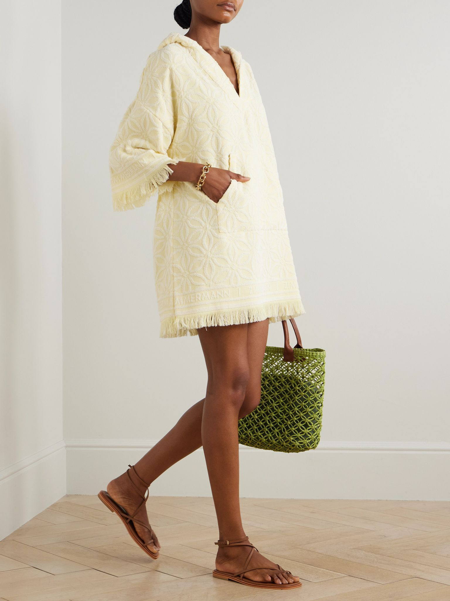 Coco fringed cotton-terry jacquard hooded mini dress Yellow - 2