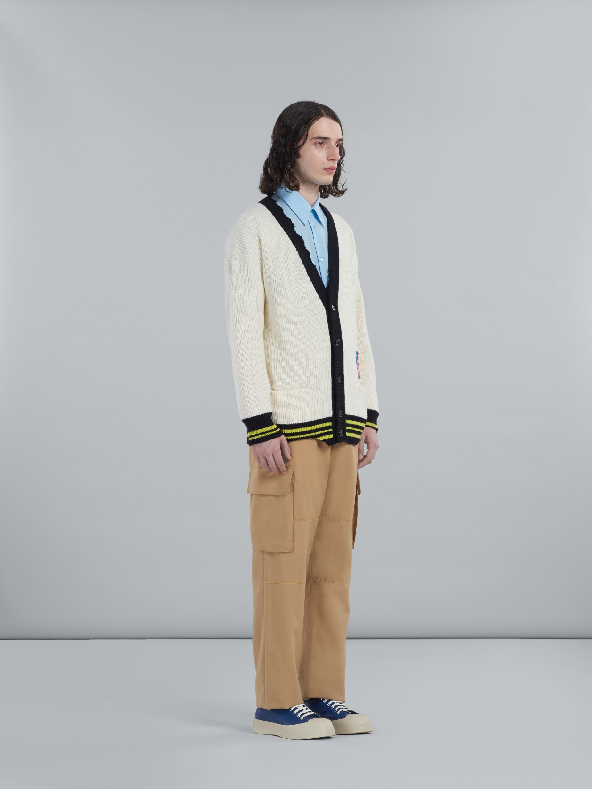 WHITE COTTON AND WOOL CARDIGAN WITH PATCH - 5