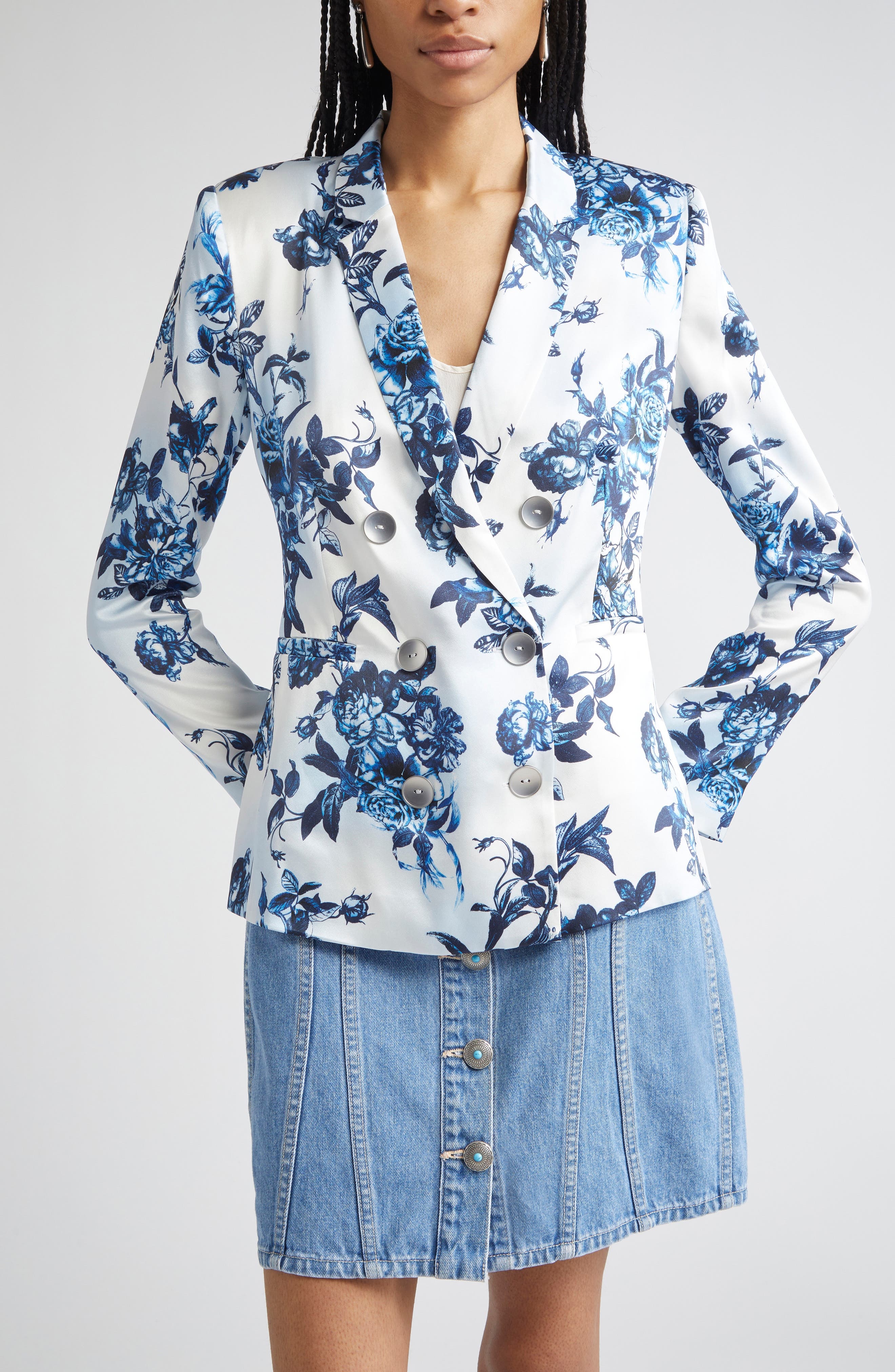 L'AGENCE Colin Floral Double Breasted Silk Blazer in White/Blue Painterly Floral at Nordstrom - 1