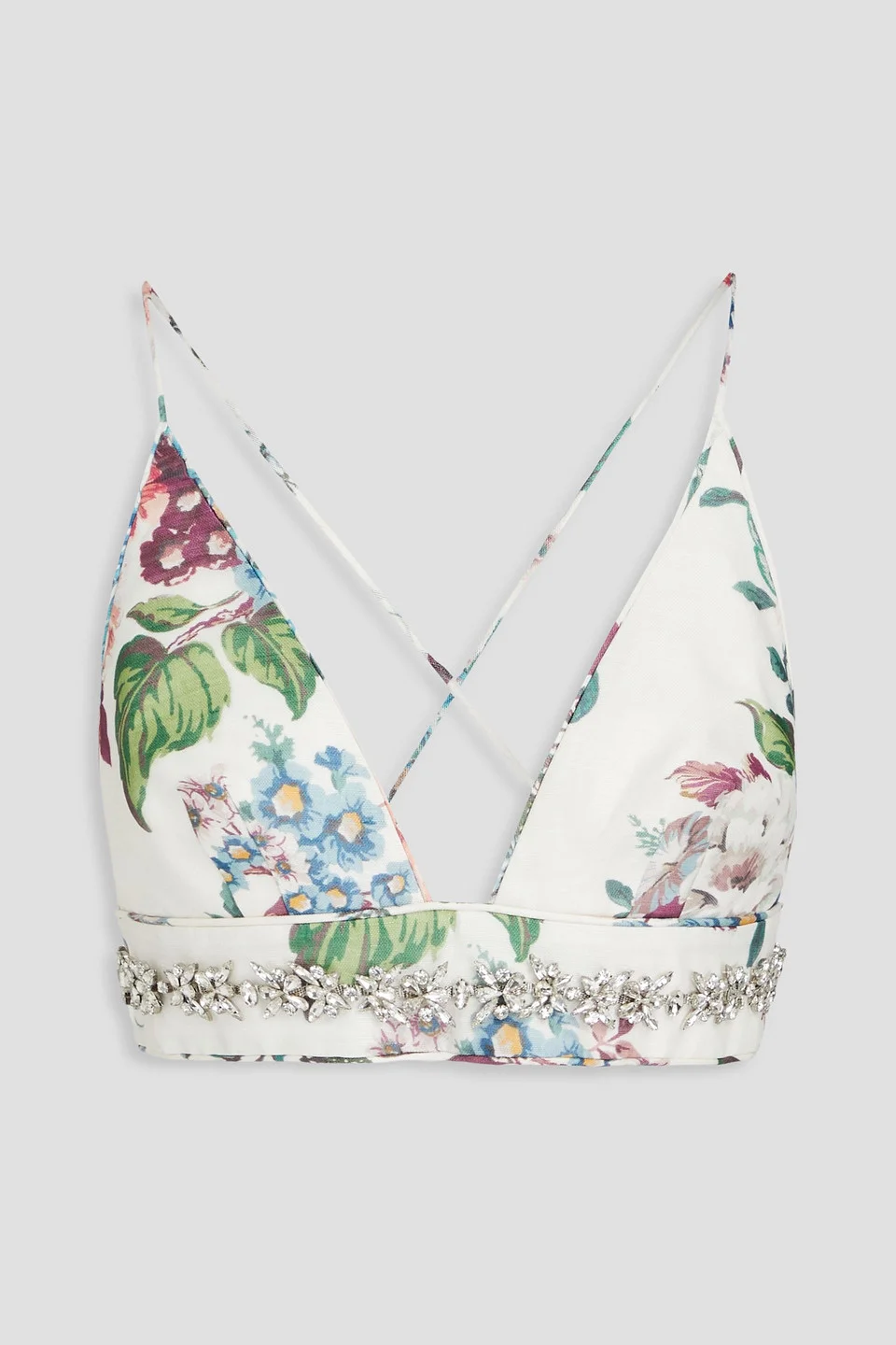 Crystal-embellished floral-print linen and silk-blend bra top - 1