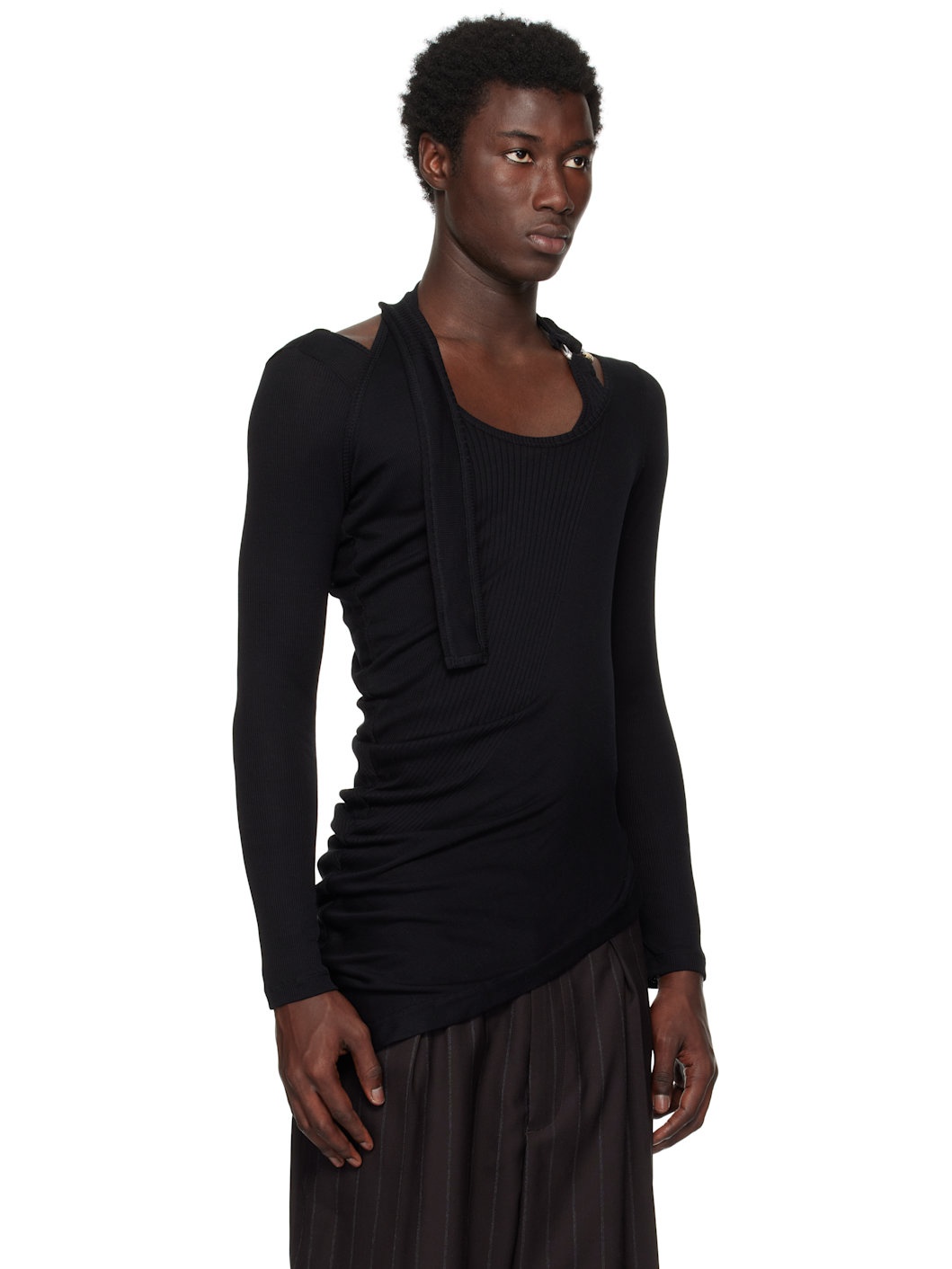 Black Ribbed Twisted Double Layer Piercing T-shirt - 2