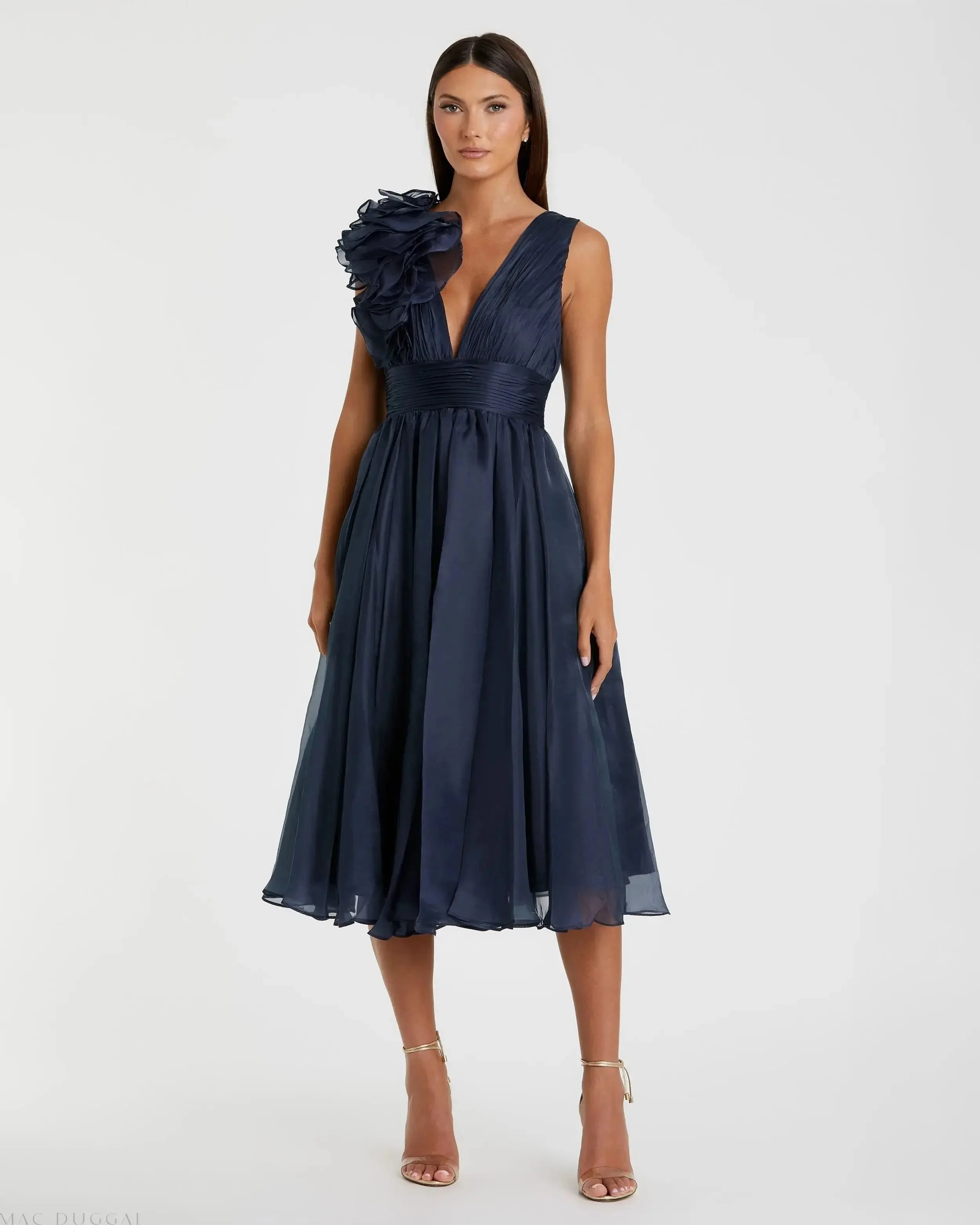 Navy Sleeveless Chiffon A-Line Tea Length Cocktail Dress - 1