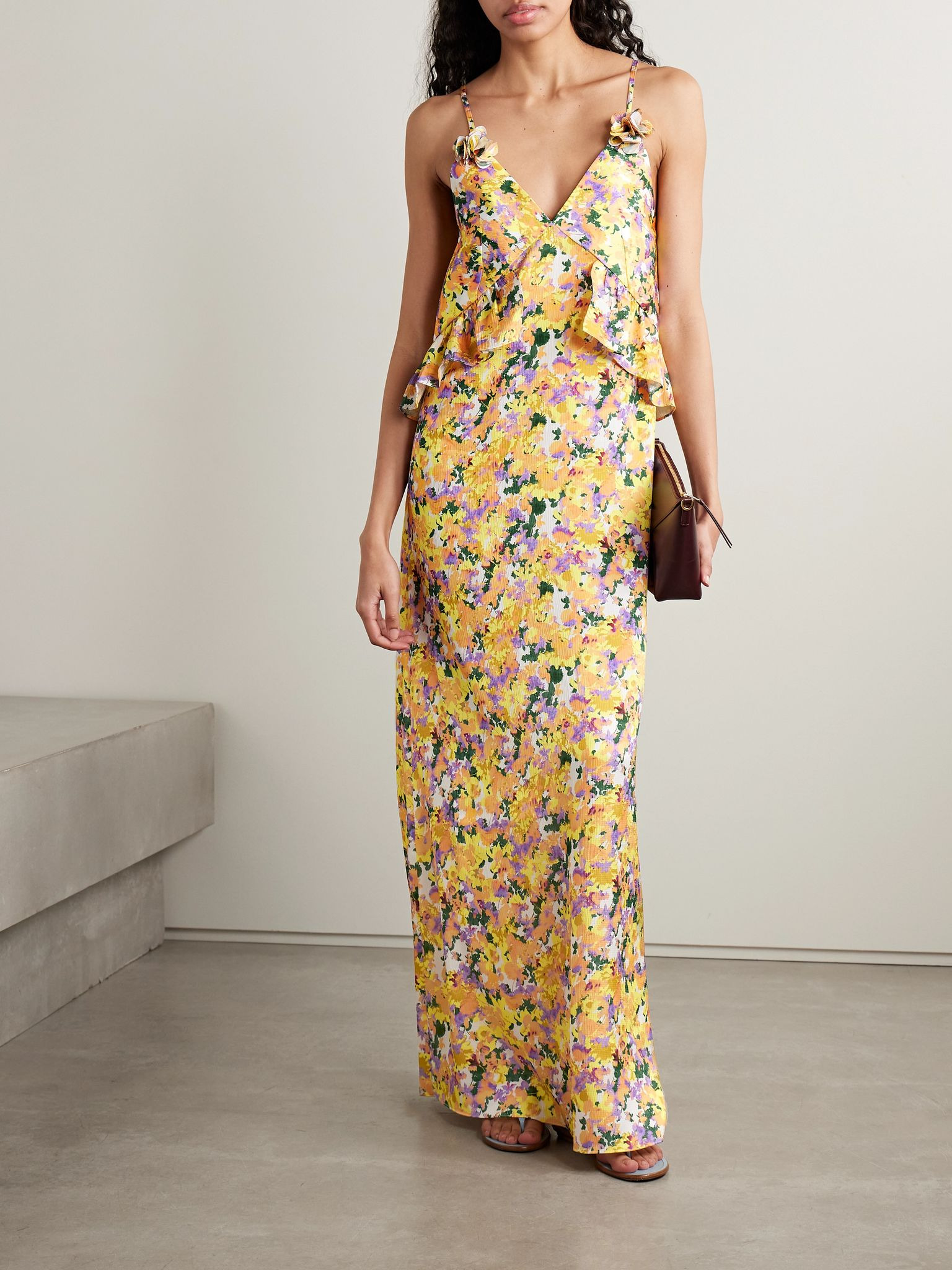 Bel appliquéd ruffled floral-print hammered-crepe maxi dress Yellow - 2