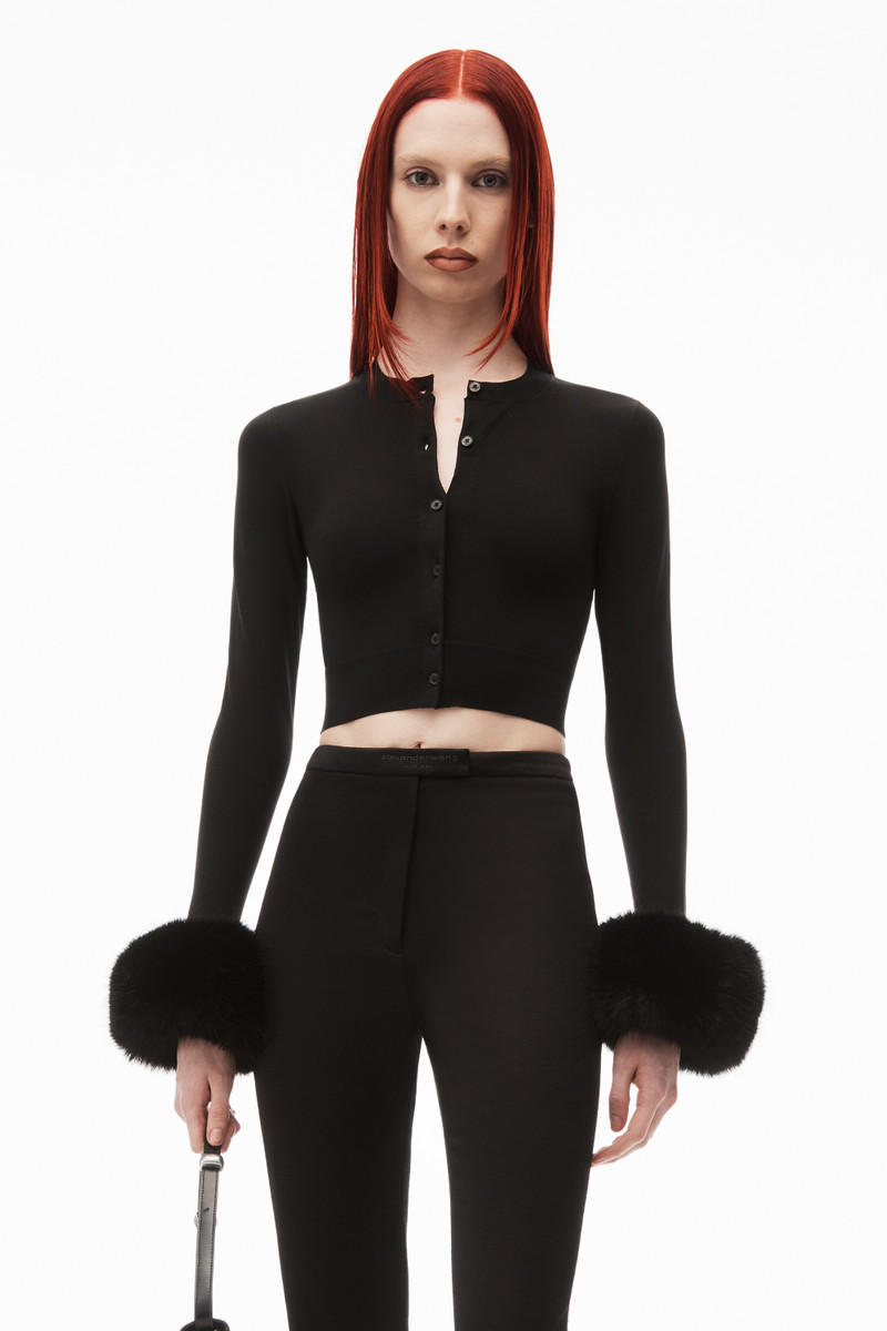 faux fur cuff cardigan in compact nylon 2