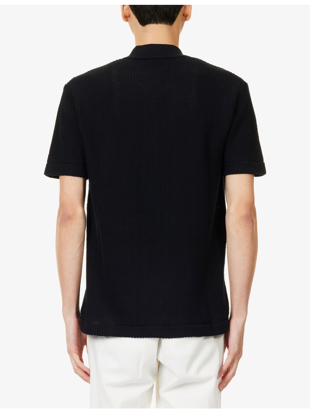 Short-Sleeve Semi-Sheer Crochet Knitted Polo Top - 4