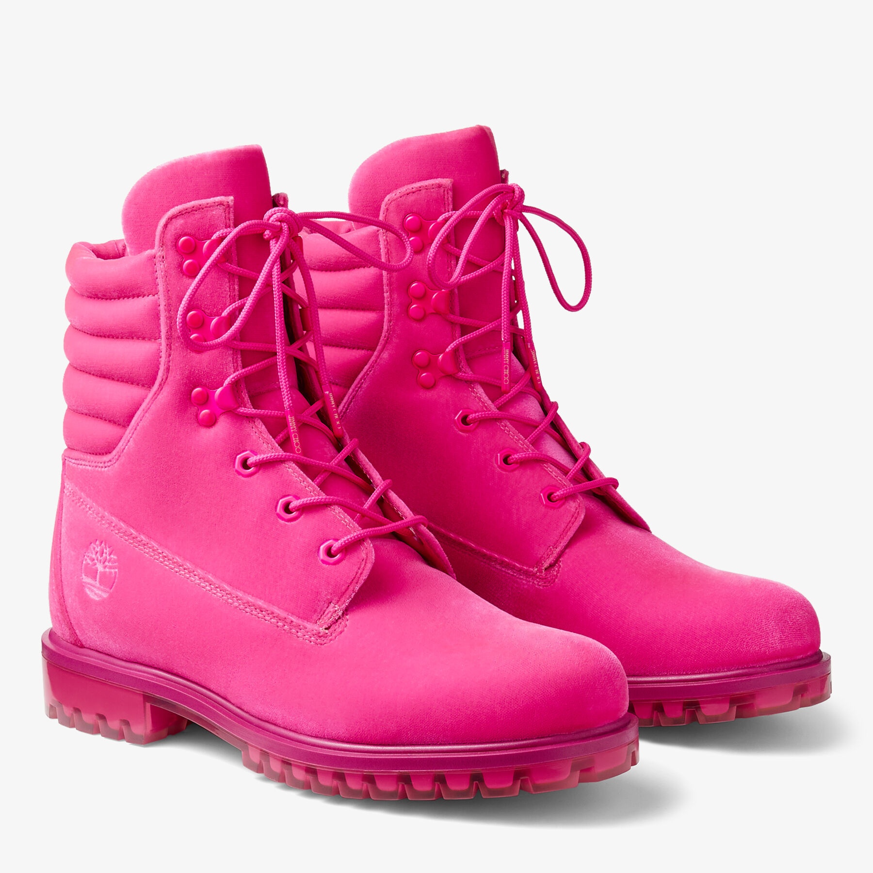 JIMMY CHOO X TIMBERLAND 8 INCH PUFFER BOOT
Hot Pink Timberland Velvet Ankle Boots - 2