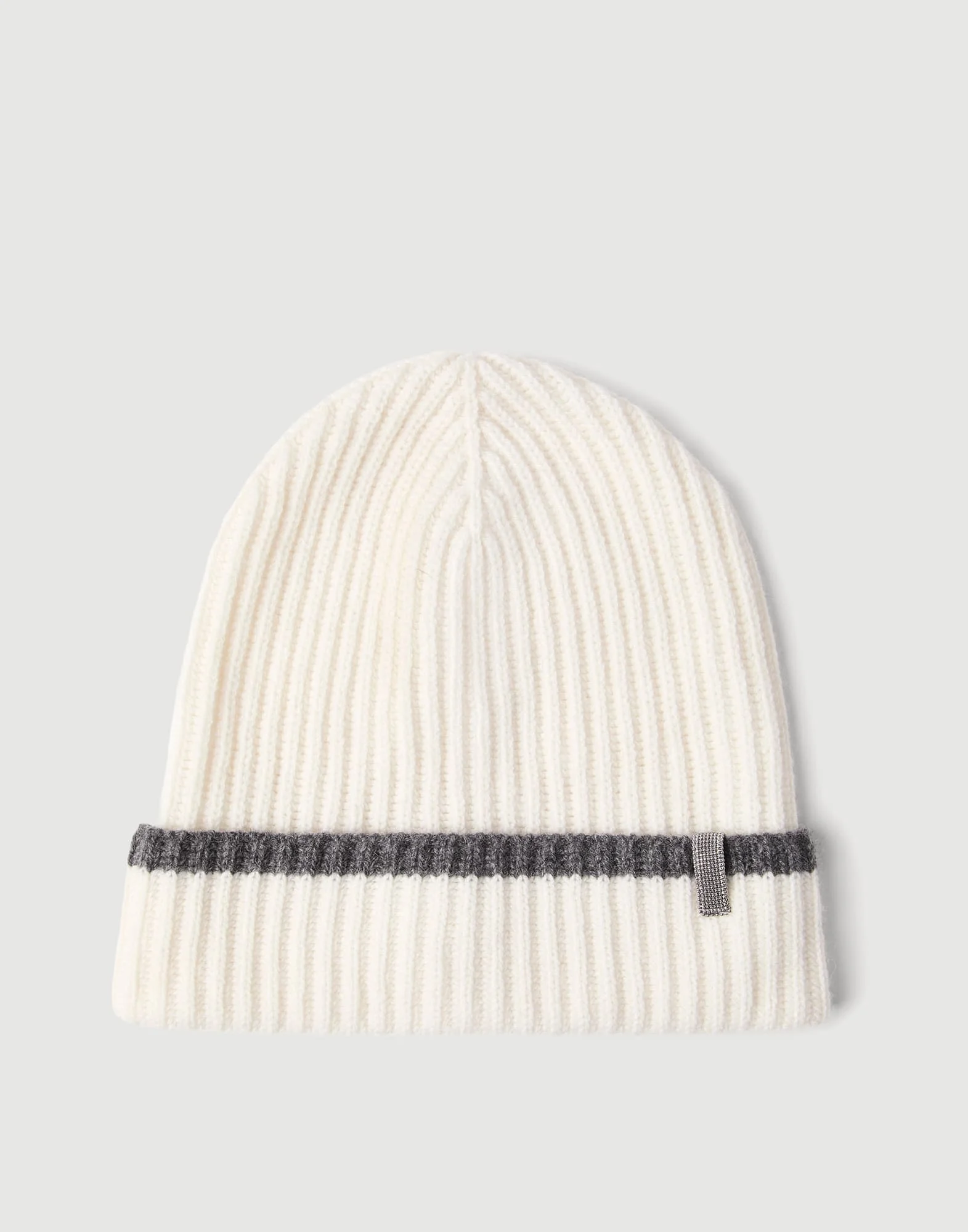 Cashmere English rib knit beanie with monili - 1