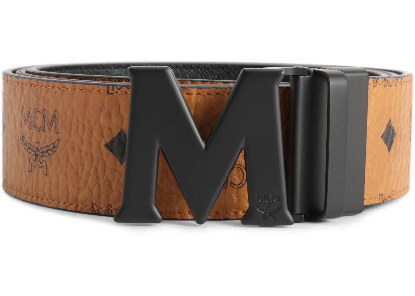 MCM Claus M Reversible Belt Visetos Matte Black-tone 1.75W 51In/130Cm Cognac - 1