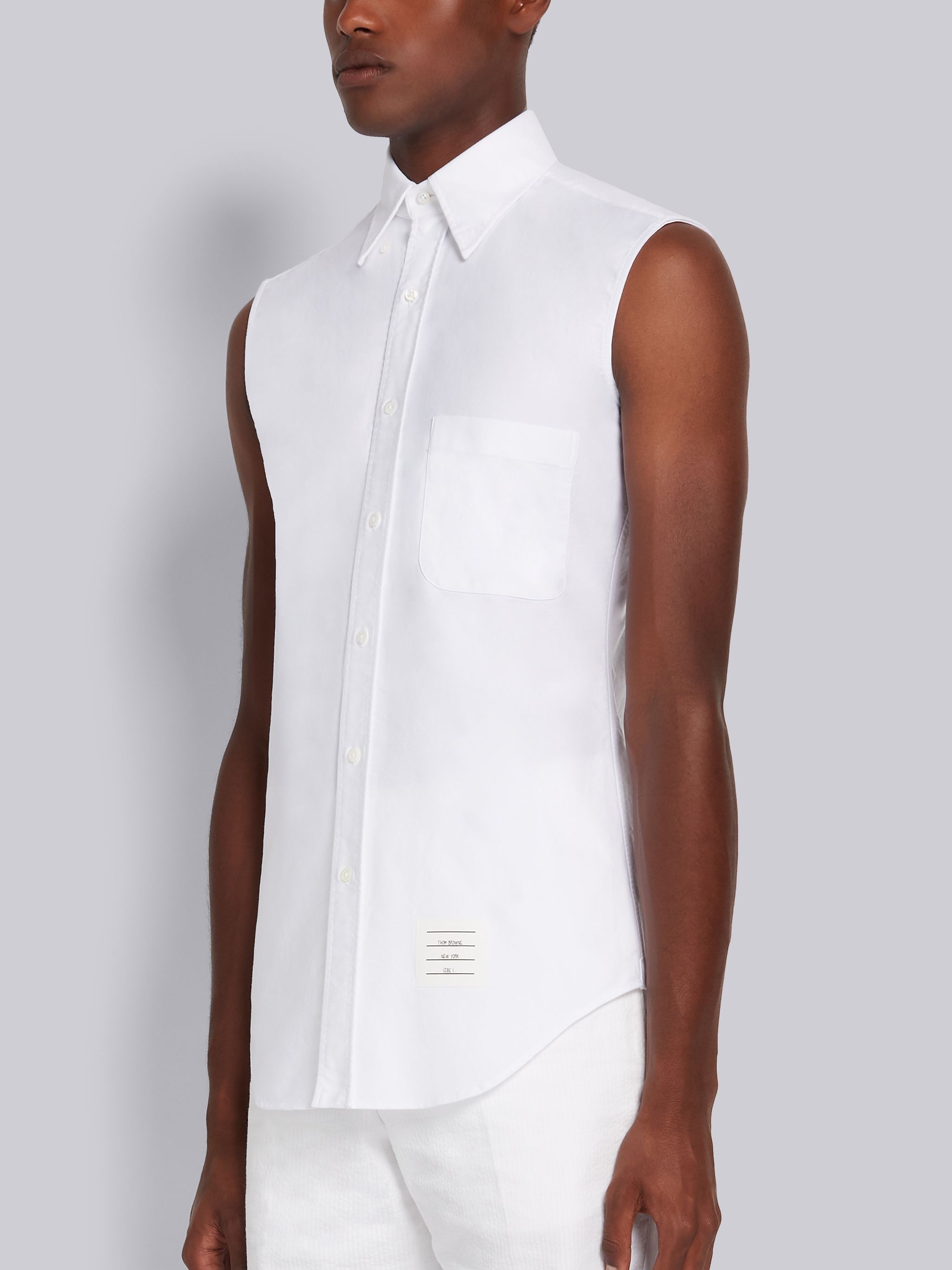 White Cotton Oxford Sleeveless Classic Button Down Shirt - 2