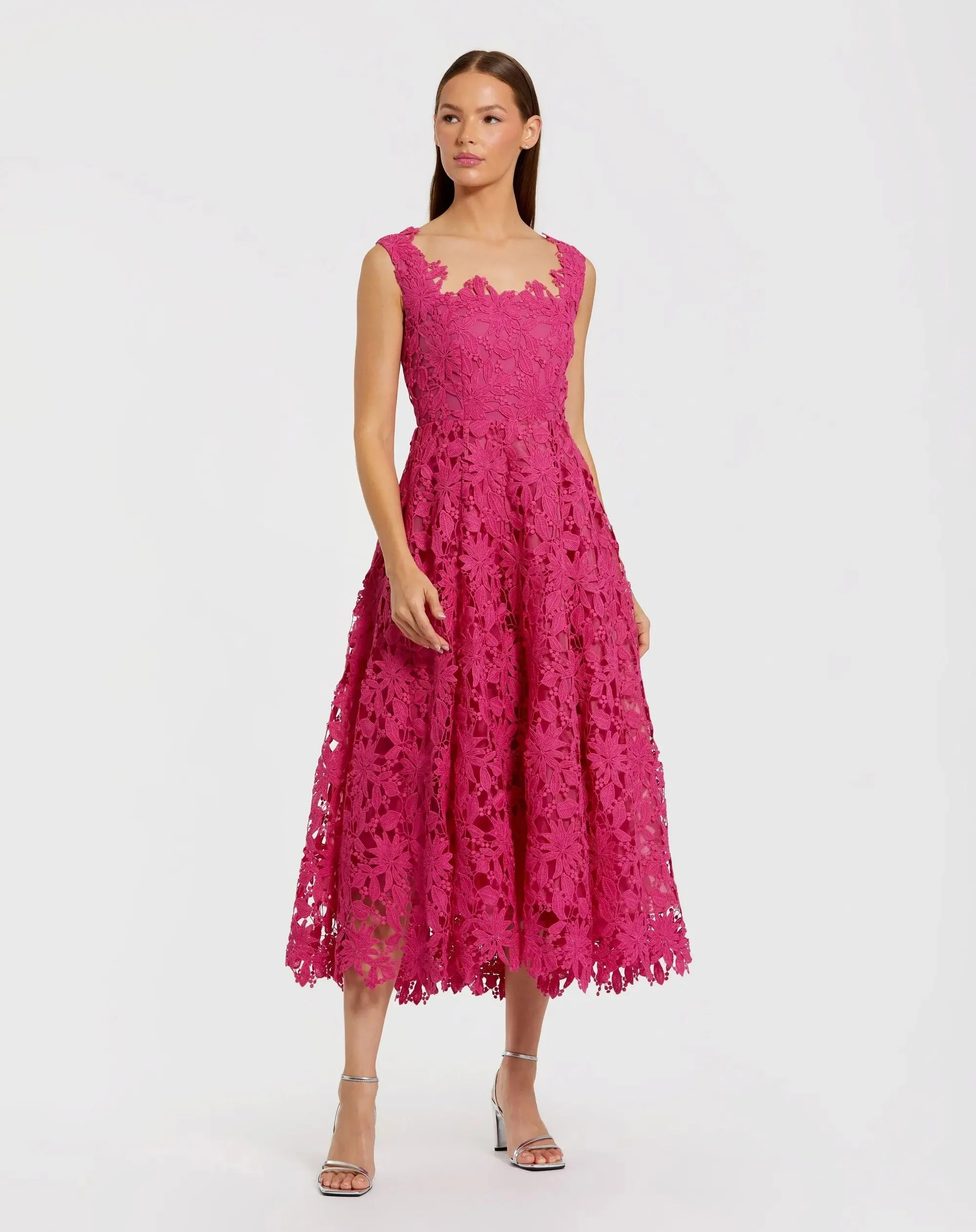 Pink Sleeveless Embroidered Lace A Line Midi Dress - 1
