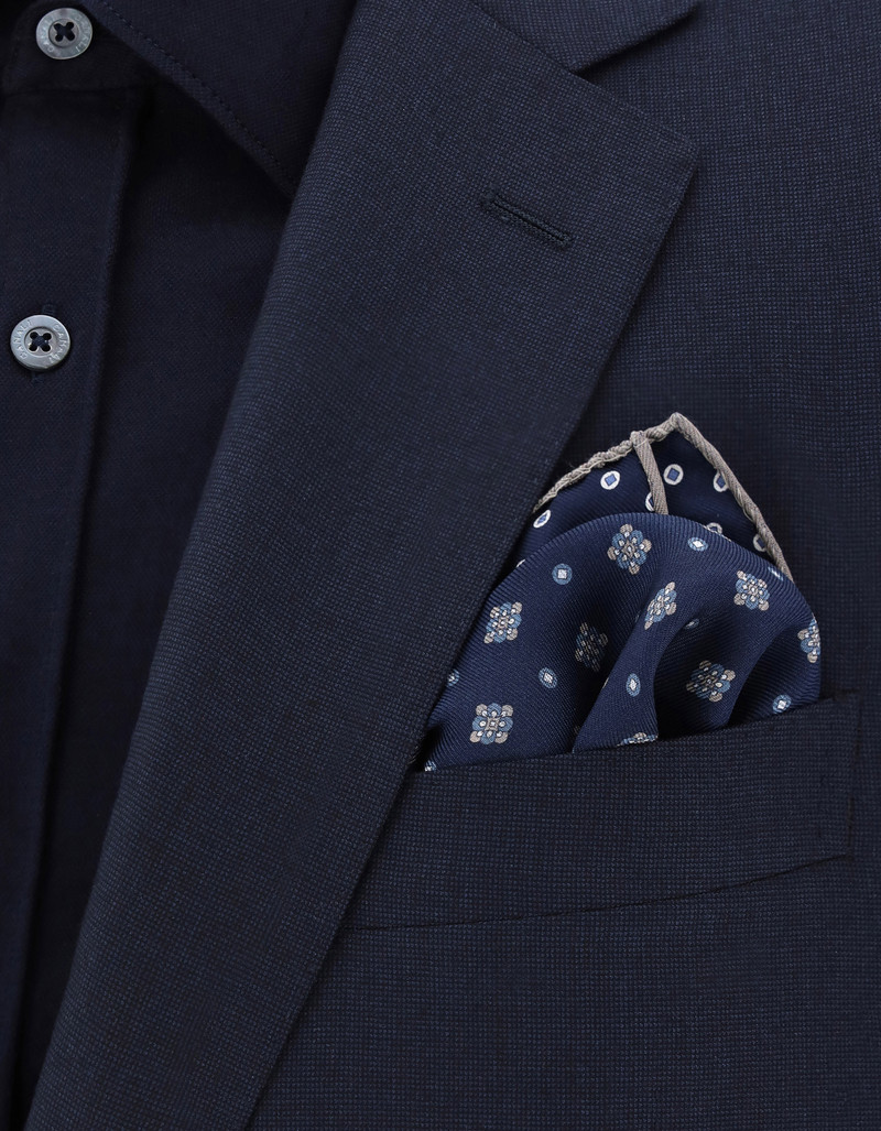 Canali BLUE SILK DOUBLE PRINT POCKET SQUARE WITH HAND-STITCHED HEM outlook