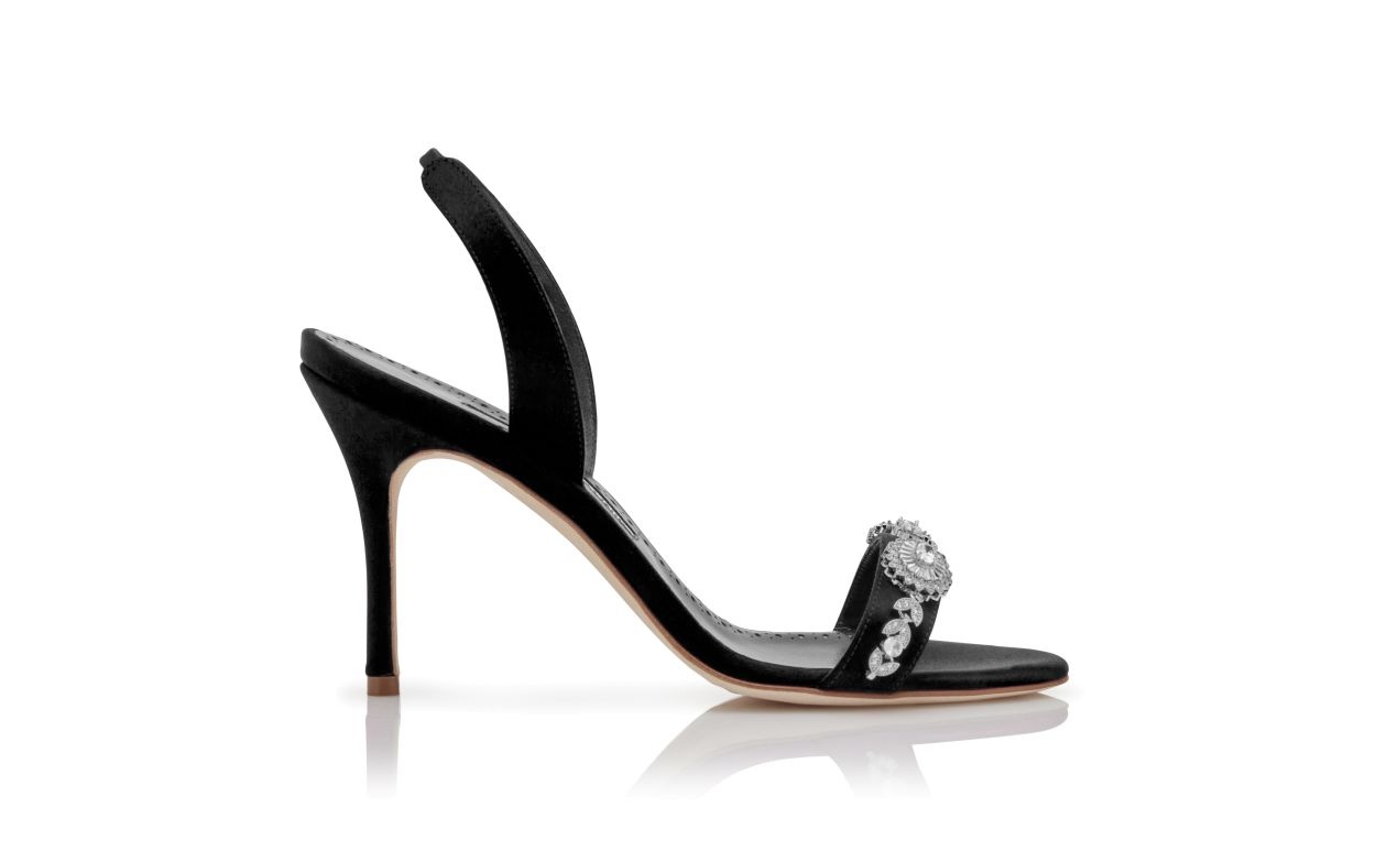 Black Satin Embellished Slingback Sandals - 1