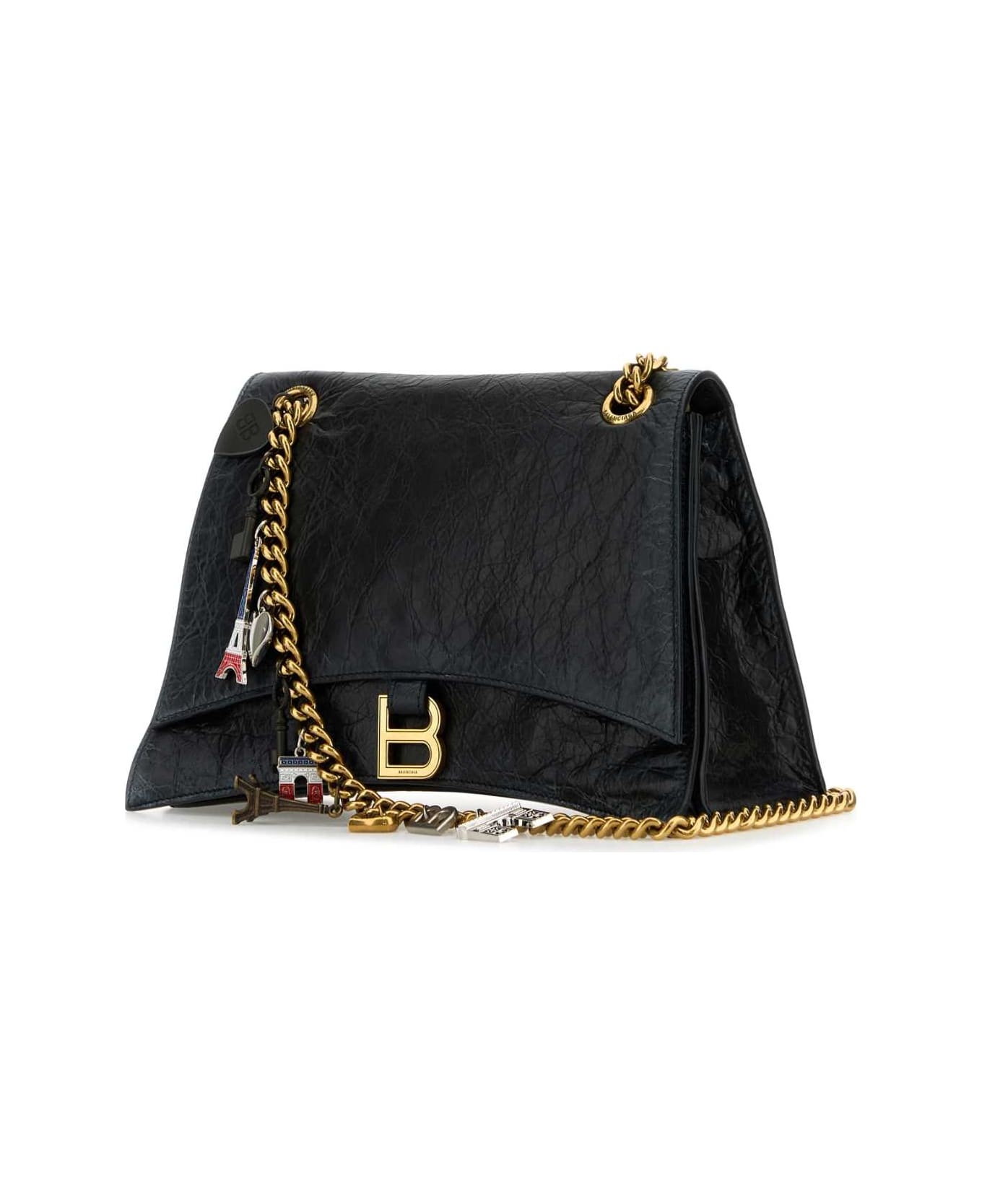 Black Leather Medium Crush Chain Shoulder Bag - 2