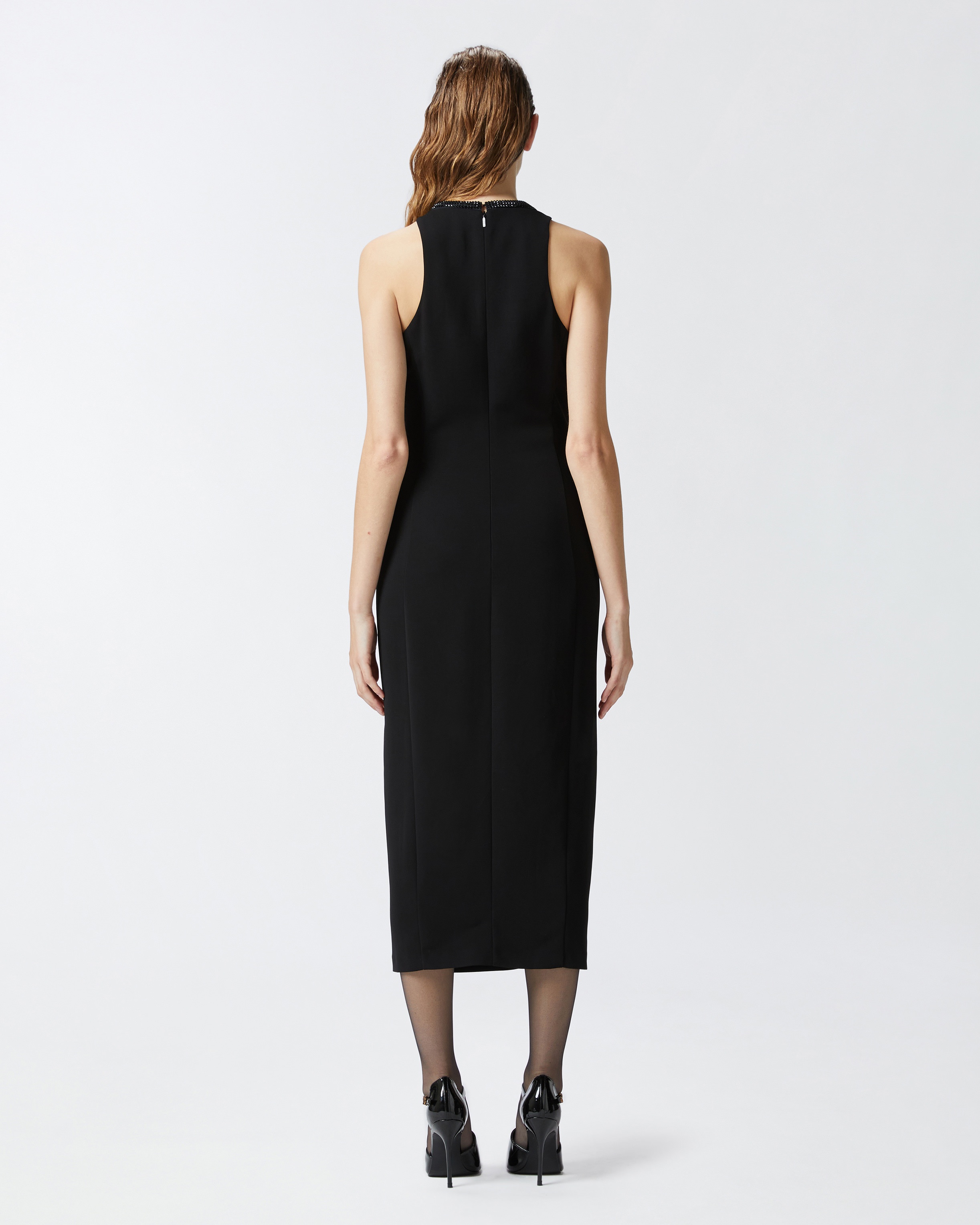 BLACK SHEATH DRESS WITH RHINESTONED NECKLINE - 5