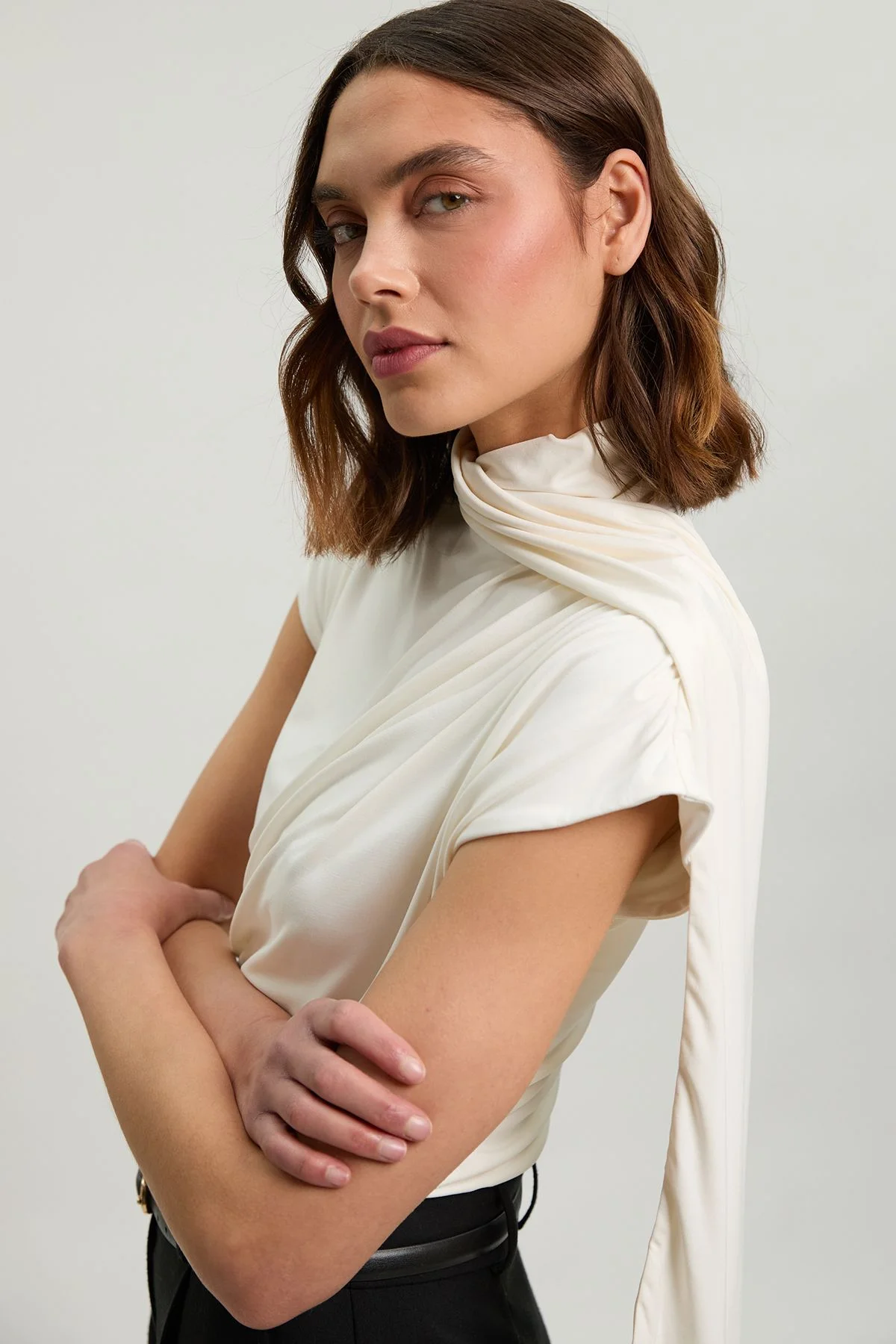 Cowl Neck Tie Detail Jersey Top - 1