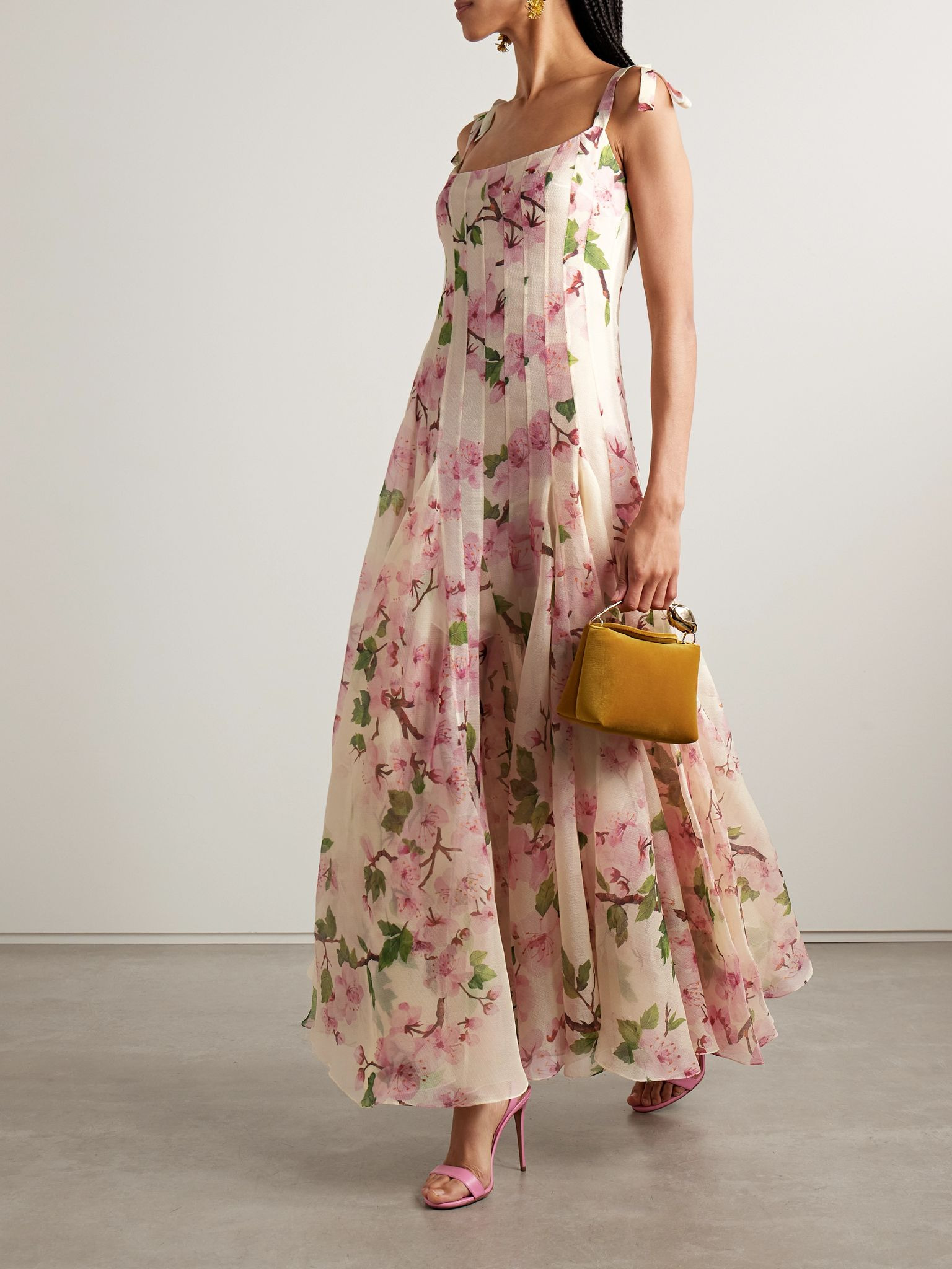 Pleated floral-print silk-blend organza gown Cream - 2
