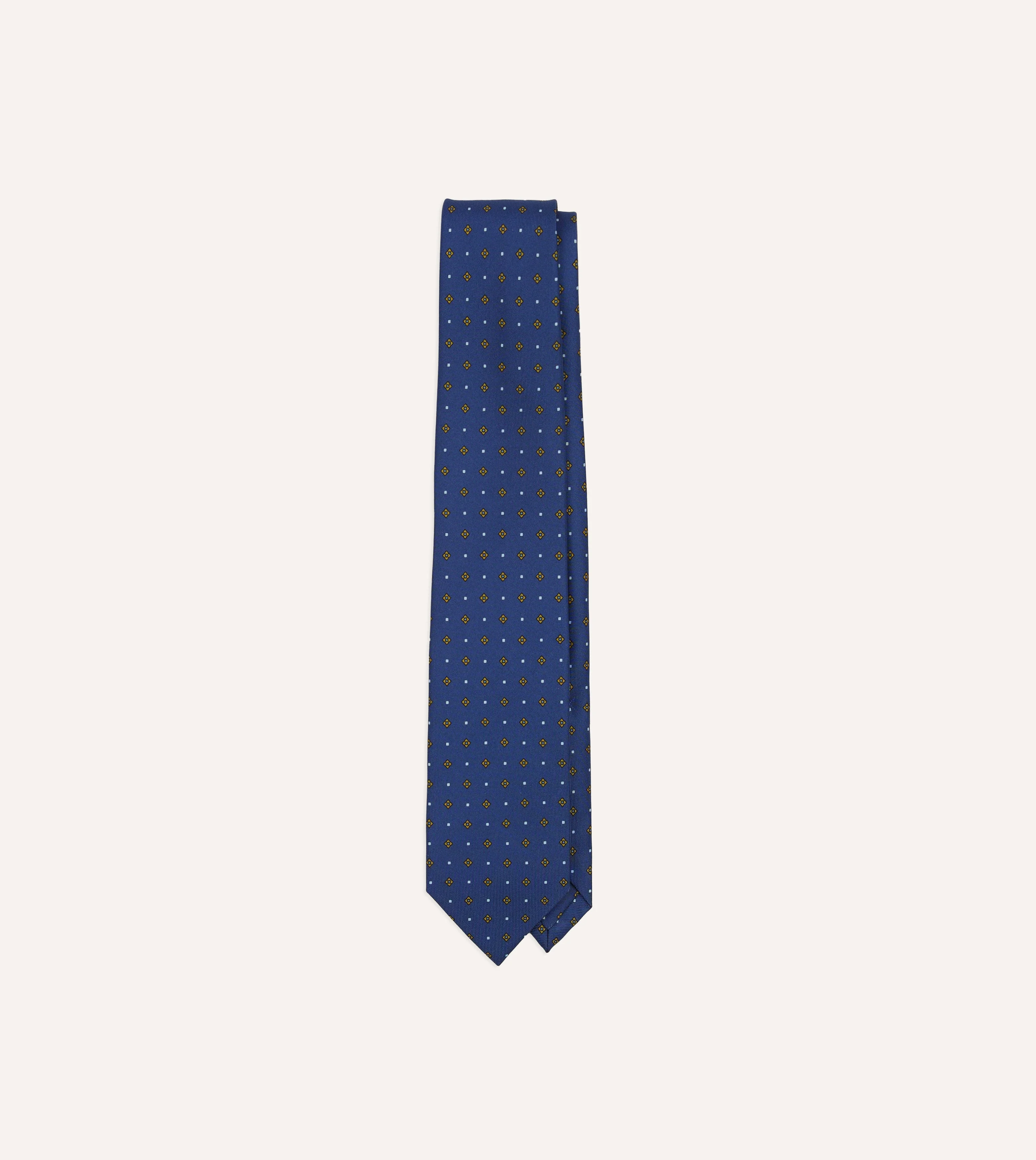 Blue Square Flowers Print Silk Self Tipped Tie - 1