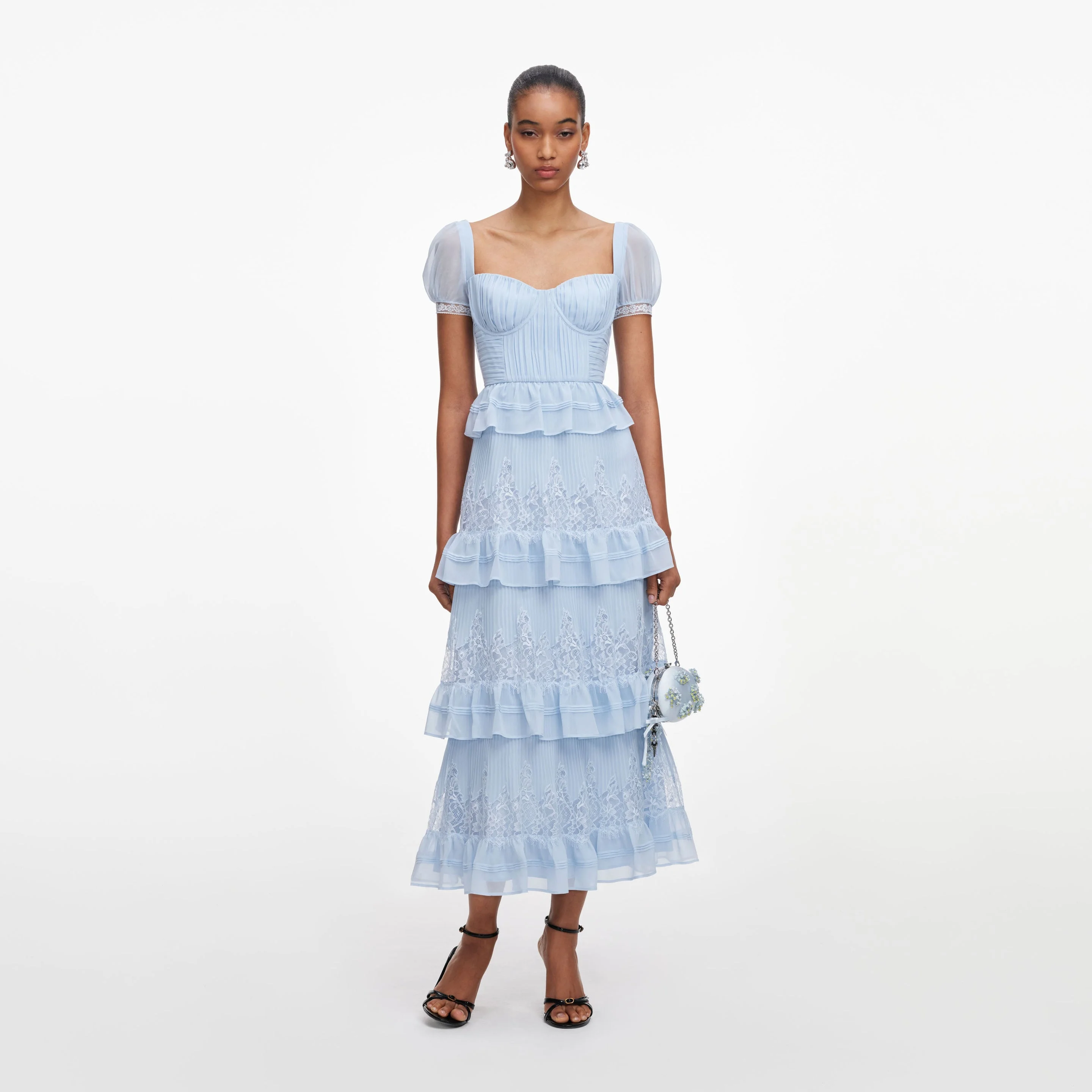 Blue Chiffon Short Sleeve Midi Dress - 1