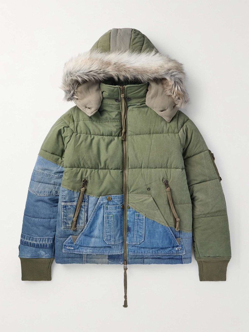 Faux Fur-Trimmed Quilted Cotton-Blend Twill and Denim Hooded Jacket 1