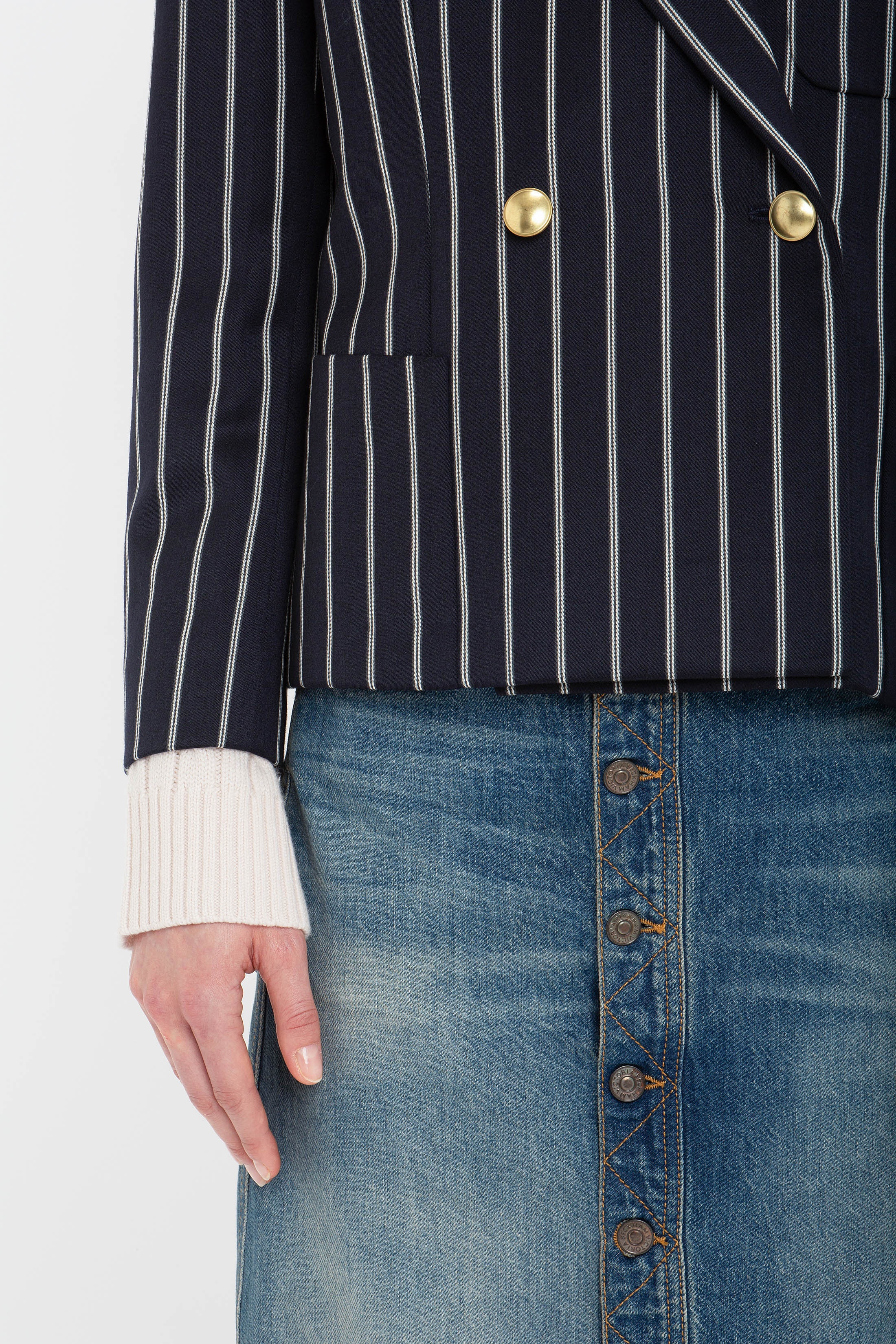 Cropped Double Breasted Jacket In Midnight-White - 5