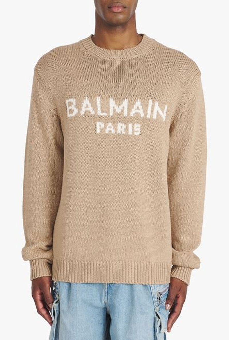 Sand-colored merino wool sweater with white Balmain Paris logo 5