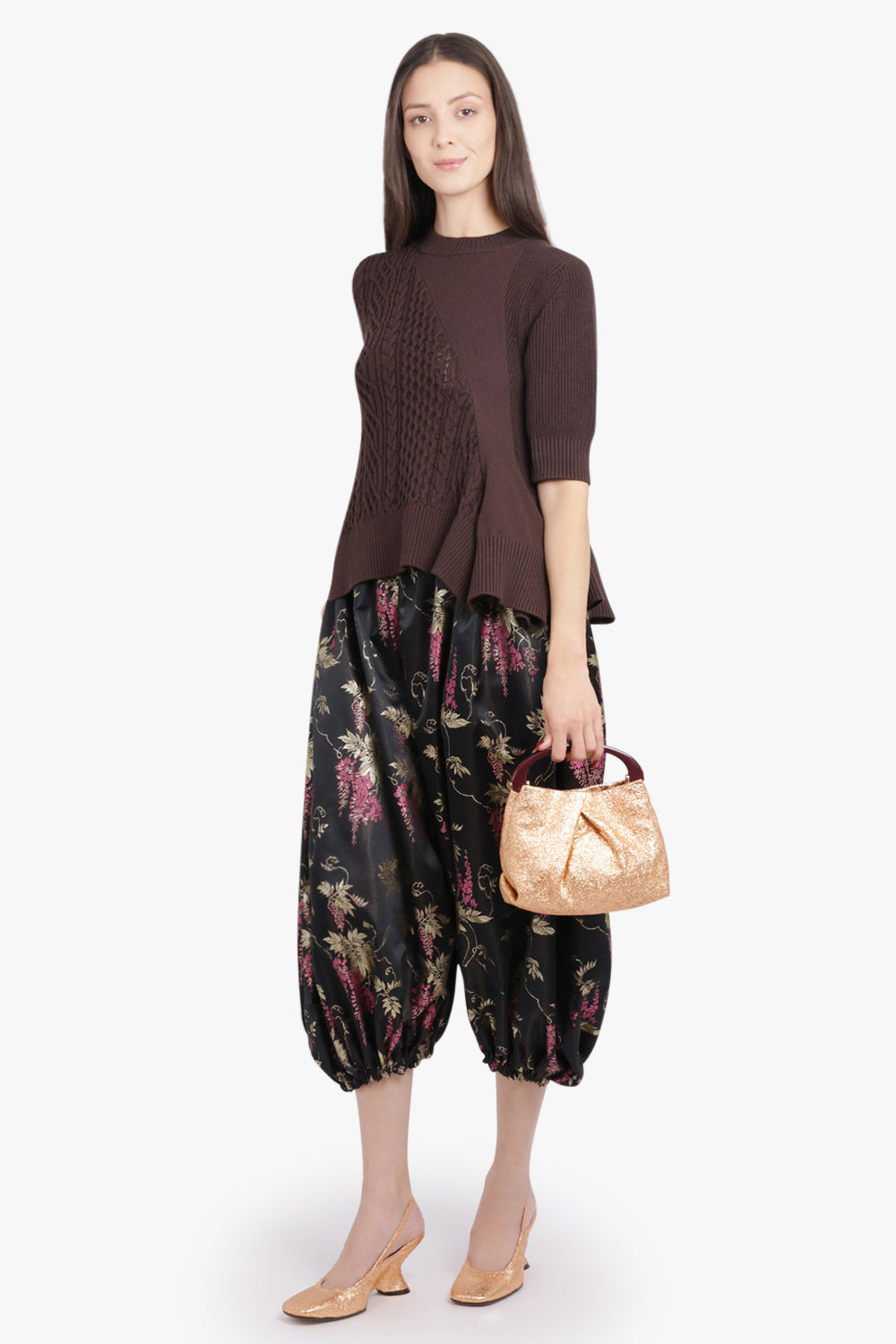 GATHERED FLORAL PRINT BALLOON PANT WITH CUFF | BLACK/PINK/GOLD - 2