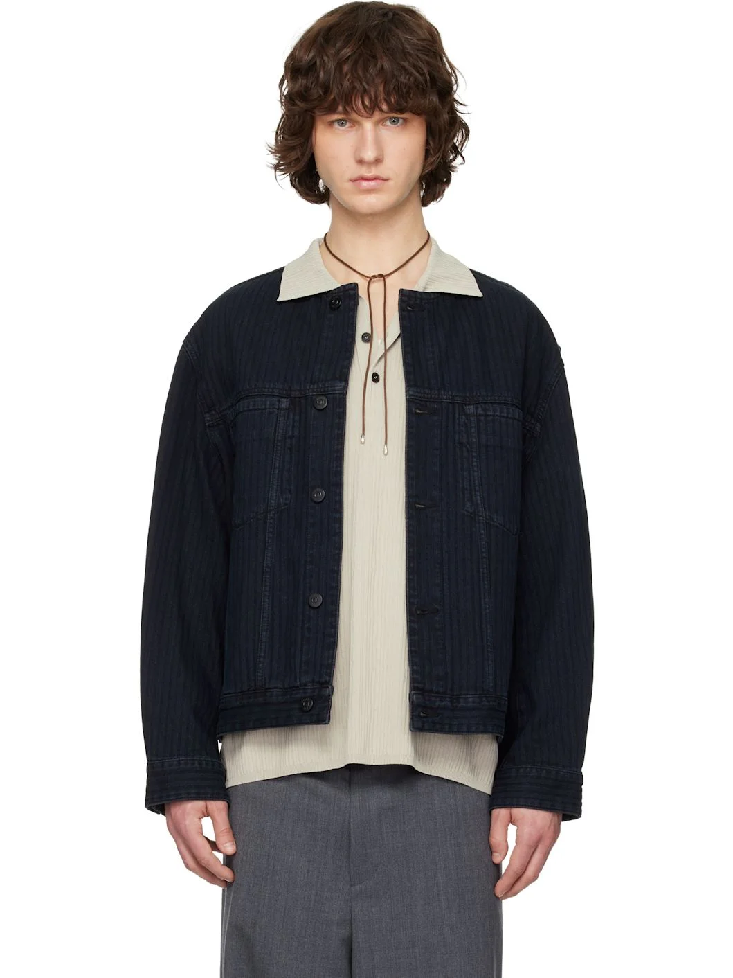 Black Collarless Denim Trucker Jacket - 1