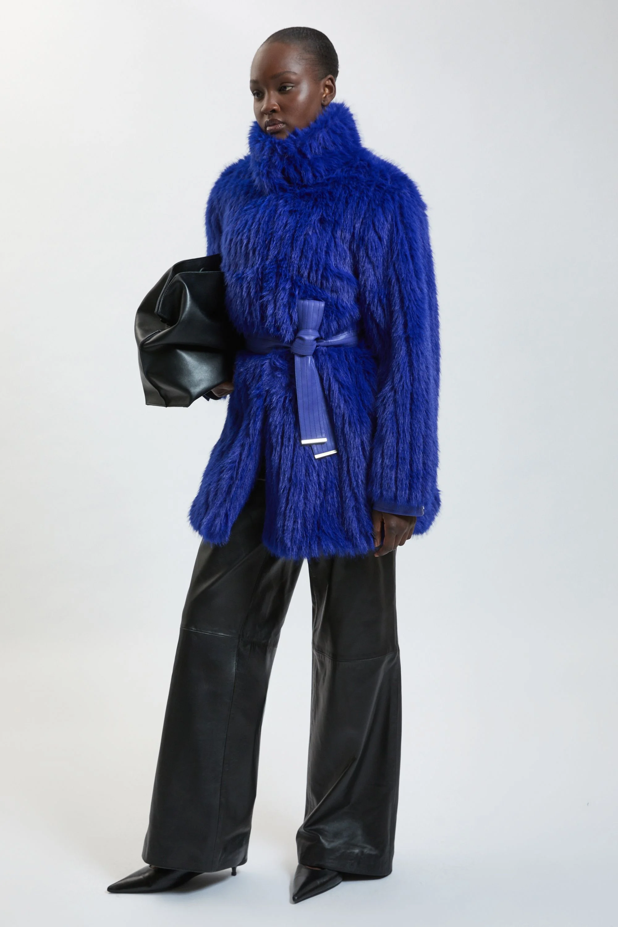 Textured Faux Fur Belted Collar Short Coat - 1
