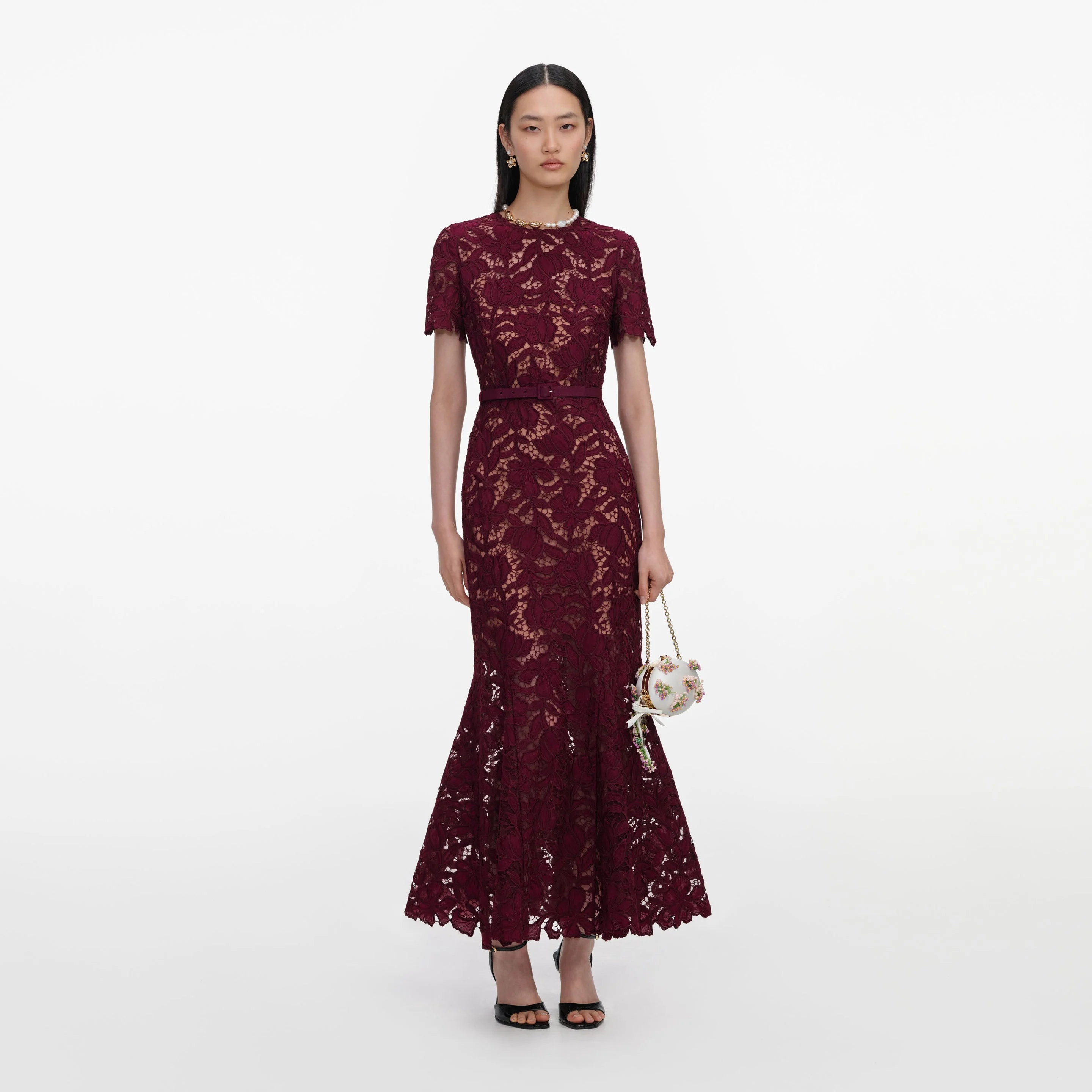 self-portrait Burgundy Lace Midi Dress - PF26-107M-BU | REVERSIBLE self-portrait Burgundy Lace Midi Dress - PF26-107M-BU | REVERSIBLE