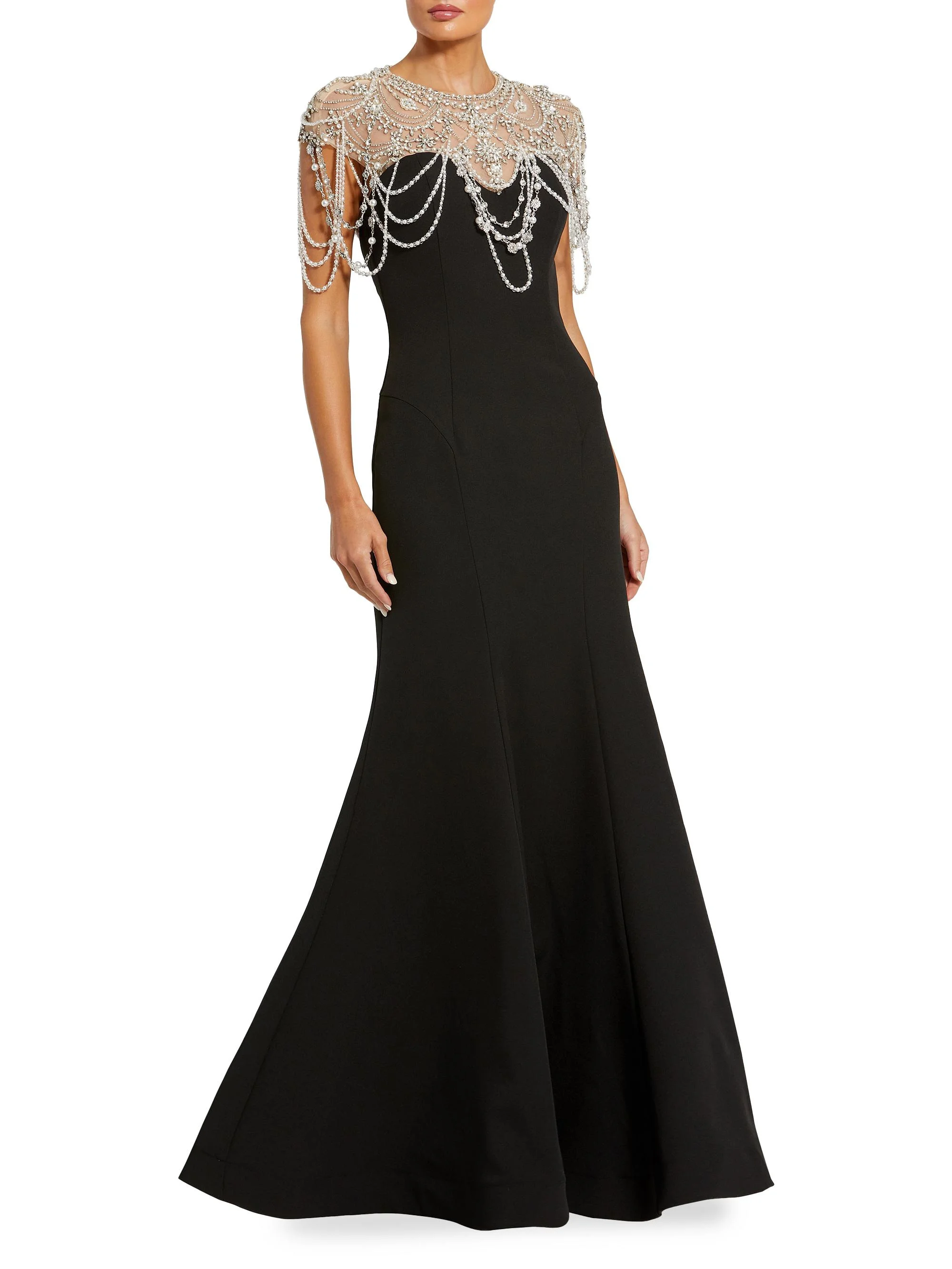 Women's Beaded Cap-Sleeve Mermaid Gown - Black - 1