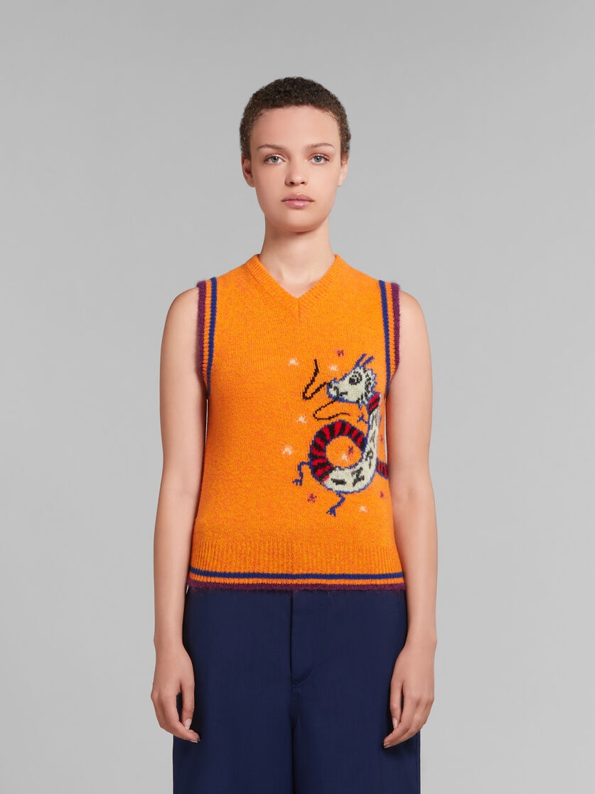 ORANGE WOOL-CASHMERE SLEEVELESS JUMPER WITH JACQUARD DRAGON - 2