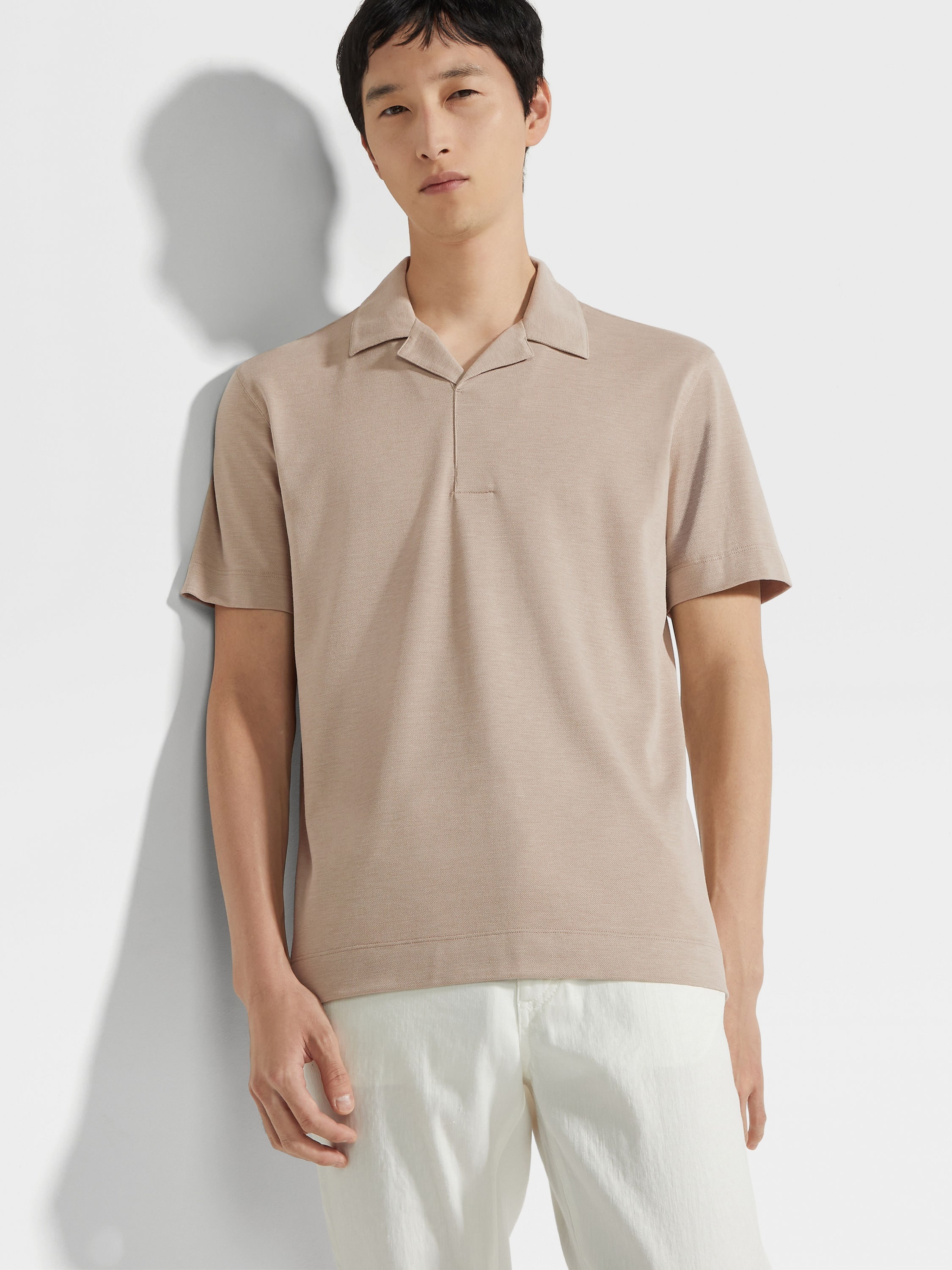 LIGHT TAUPE SILK AND COTTON PIQUET POLO SHIRT - 3
