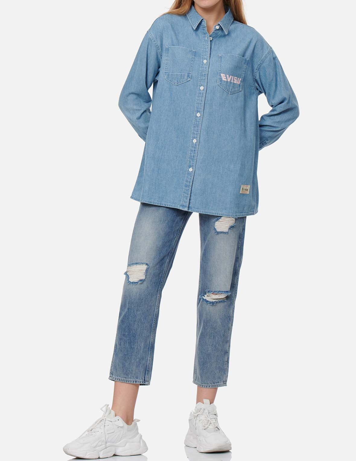 FORTUNE CAT WITH DARUMA PRINT DENIM SHIRT - 6