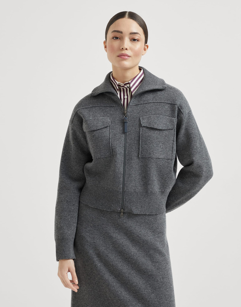 Cashmere double knit cardigan with shiny zipper pull - 1
