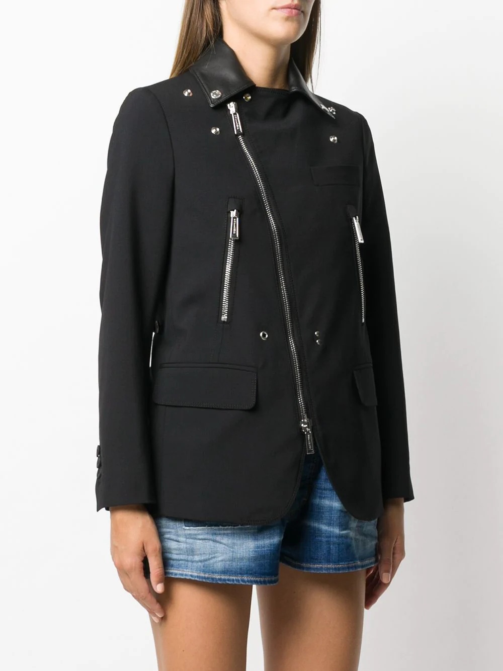 leather trim fitted zipped jacket - 3