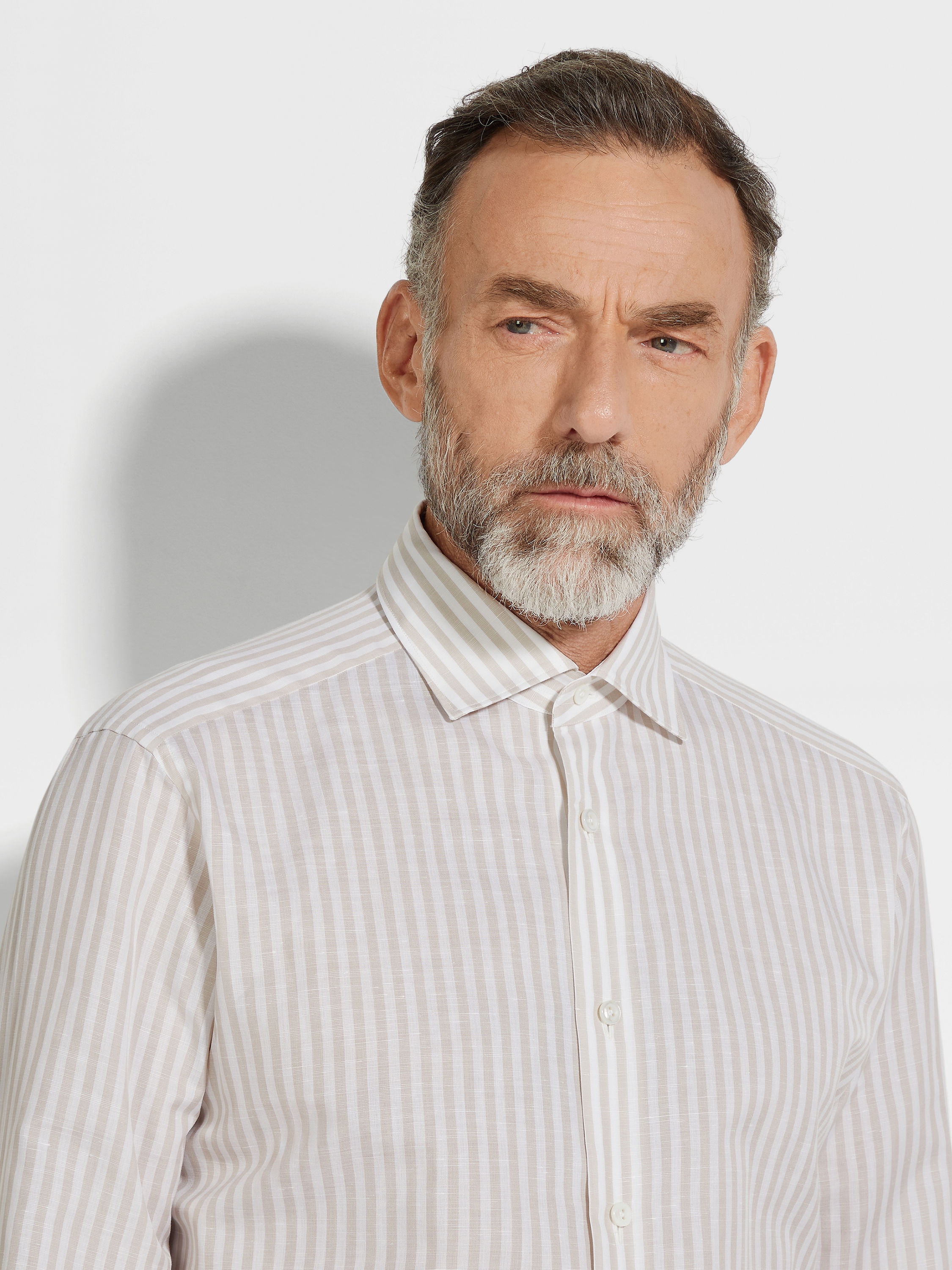 WHITE AND LIGHT TAUPE MACRO-STRIPED CENTOVENTIMILA COTTON AND LINEN SHIRT - 3