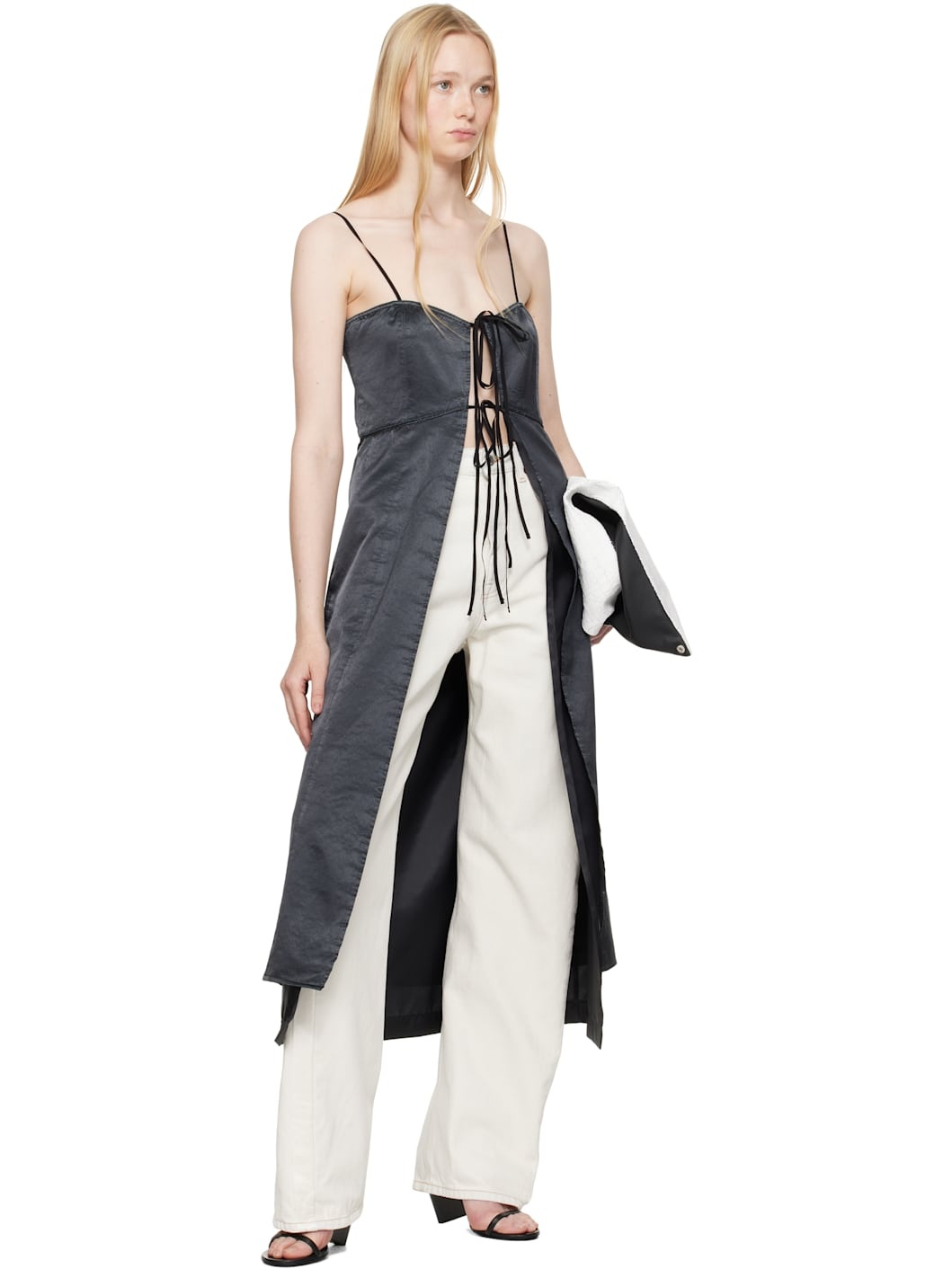 Black Washed Viscose Satin Dress Top - 4