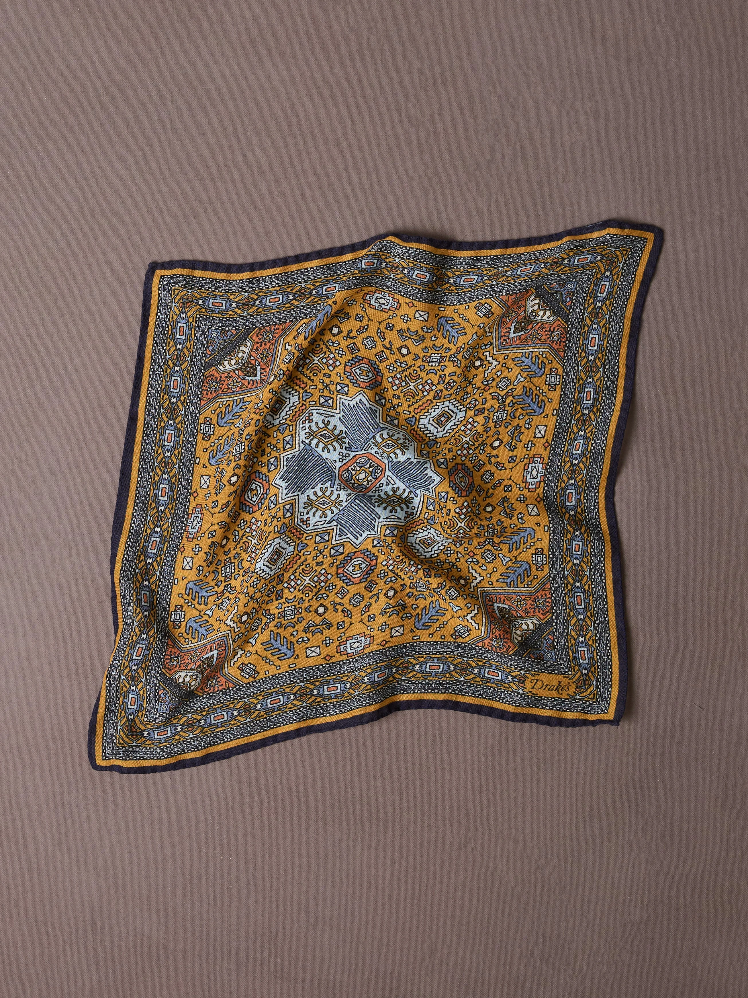 Yellow and Navy Kelim Print Wool-Silk Pocket Square - 1
