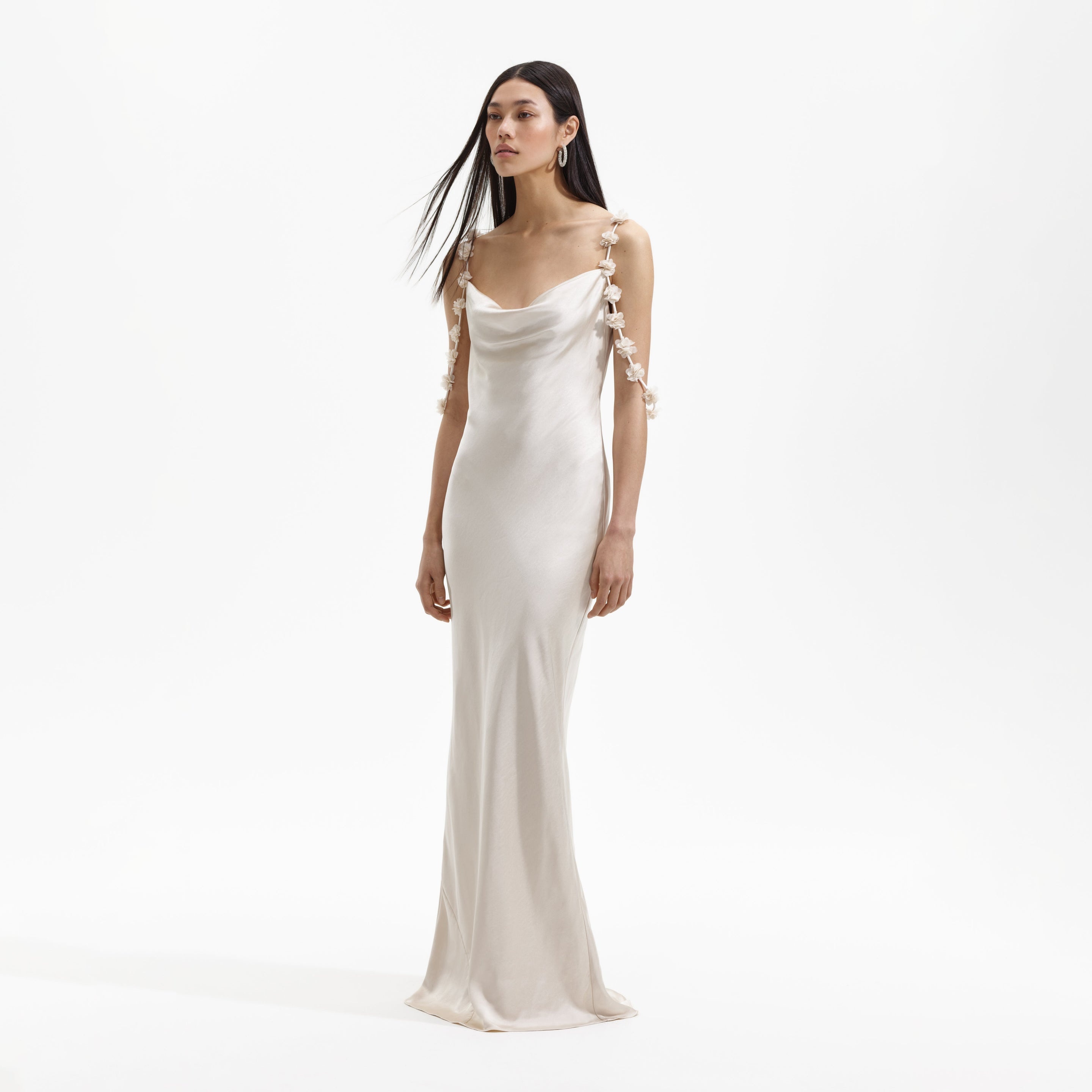 Champagne Satin Flower Maxi Dress - 2