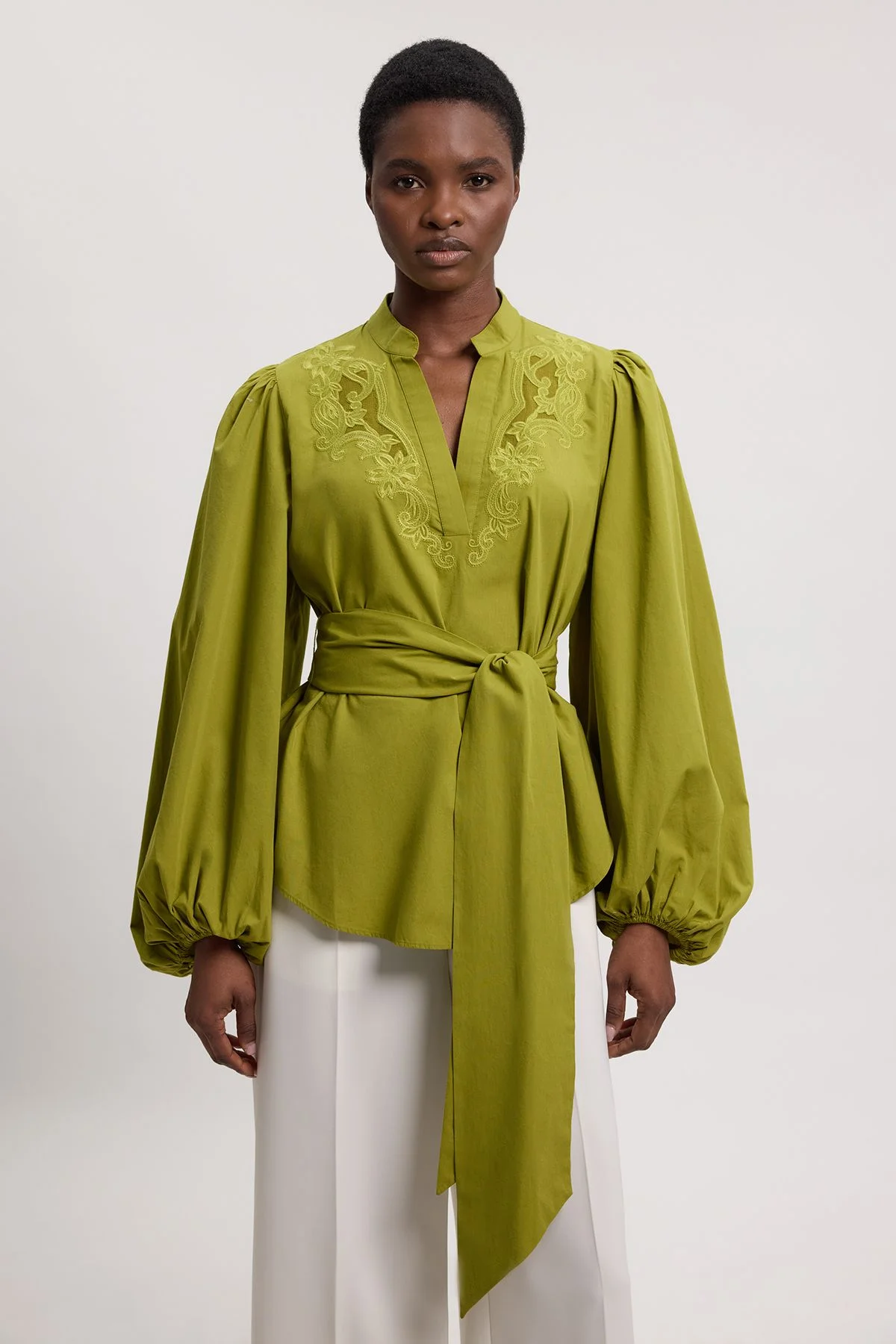 Poplin Embroidered Detail Belted Blouse - 1