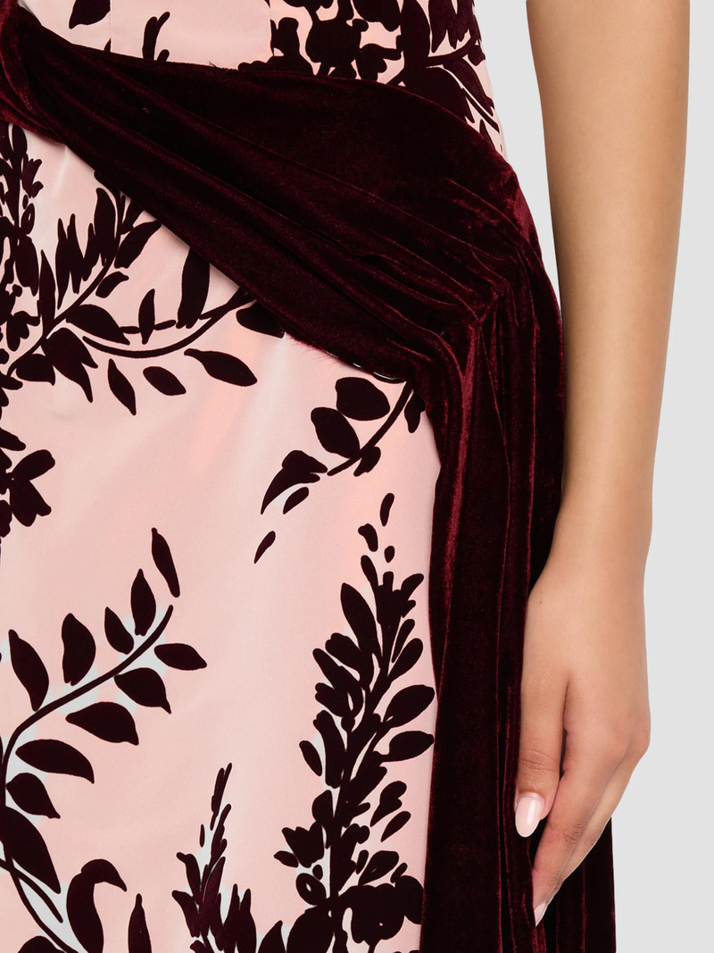 Women's Flocked Taffeta Velvet-Draped Midi Dress - Dusty Rose Oxblood 5